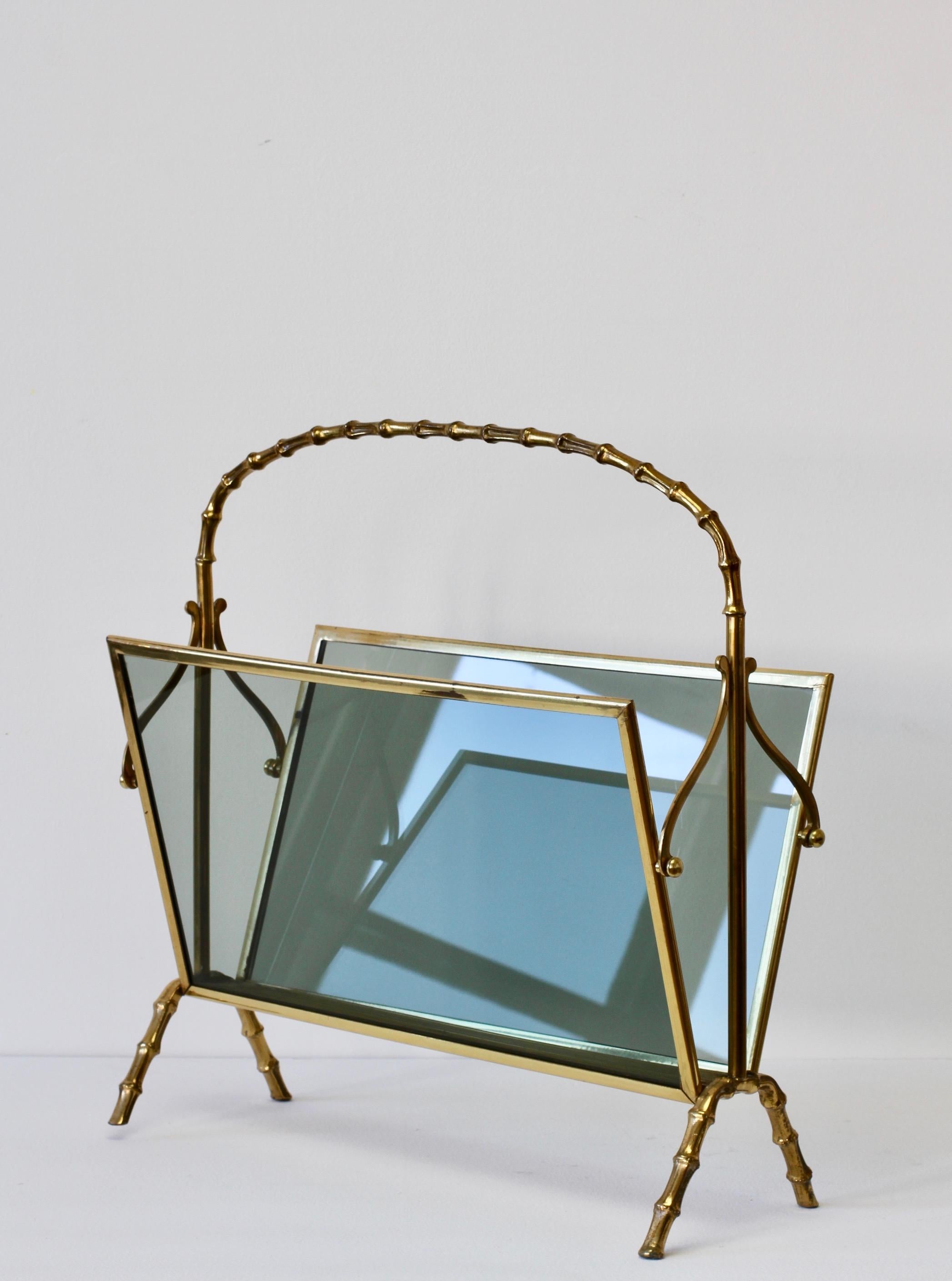 20th Century Maison Baguès Attributed Cast Brass Faux Bamboo Magazine Rack or Newspaper Stand For Sale