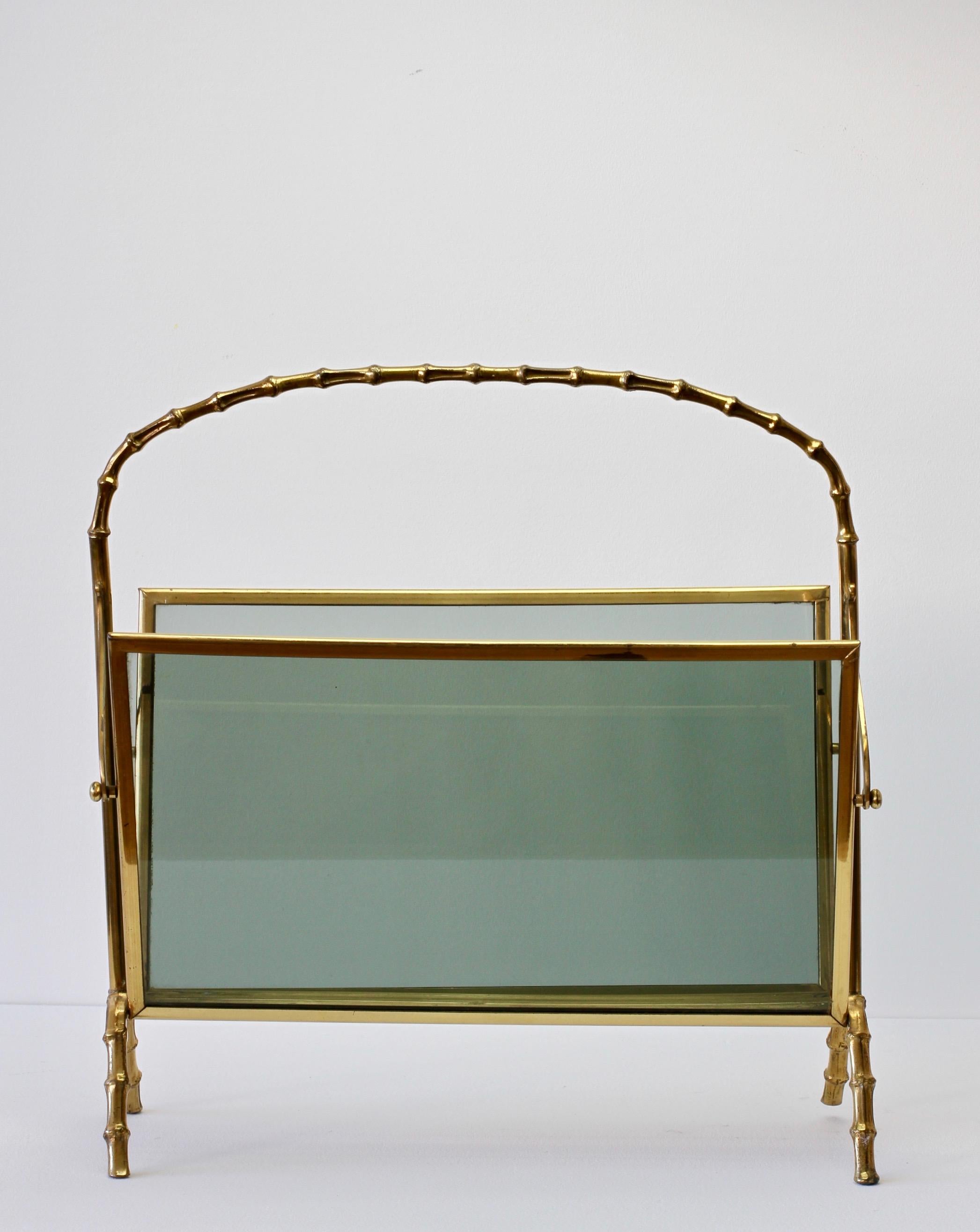 Smoked Glass Maison Baguès Attributed Cast Brass Faux Bamboo Magazine Rack or Newspaper Stand For Sale