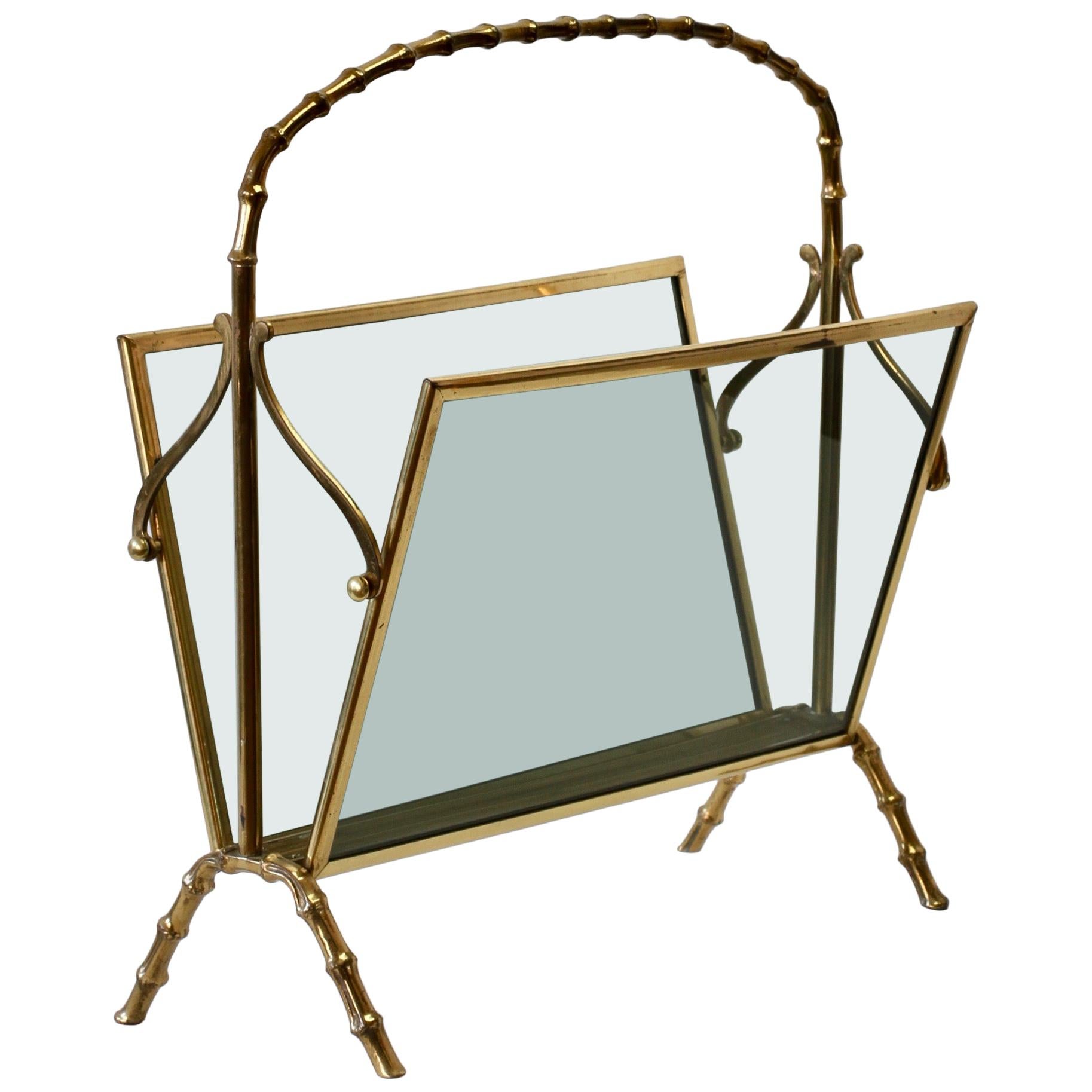Maison Baguès Attributed Cast Brass Faux Bamboo Magazine Rack or Newspaper Stand