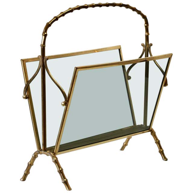 Midcentury Italian Cast Brass and Smoked Glass Magazine Rack or ...