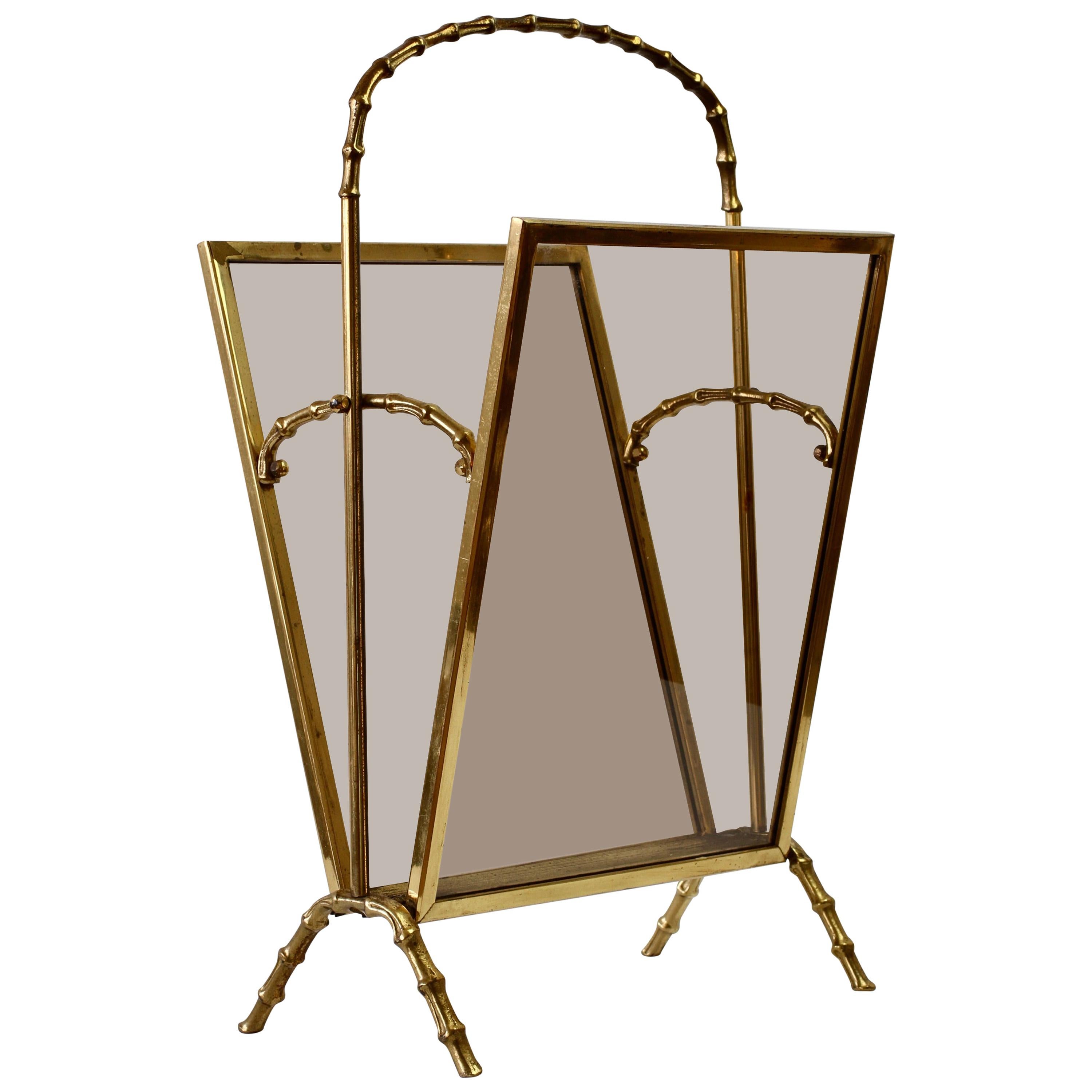 Maison Baguès Attr. Cast Brass Faux Bamboo Magazine Rack or Newspaper Stand