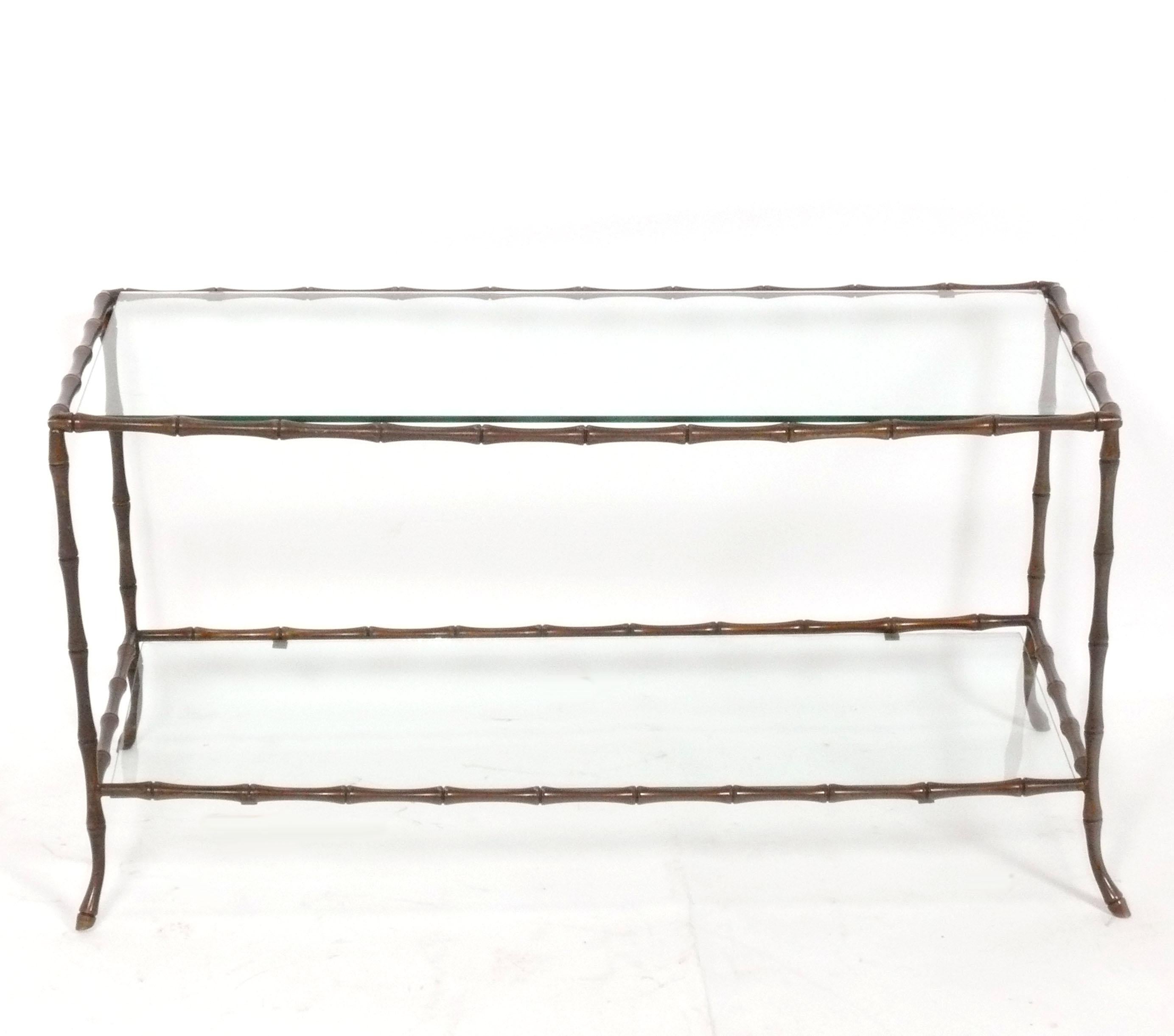 Glamorous Bronze Faux Bamboo Coffee Table, attributed to Maison Bagues, France, circa 1960s. Retains warm original patina. 