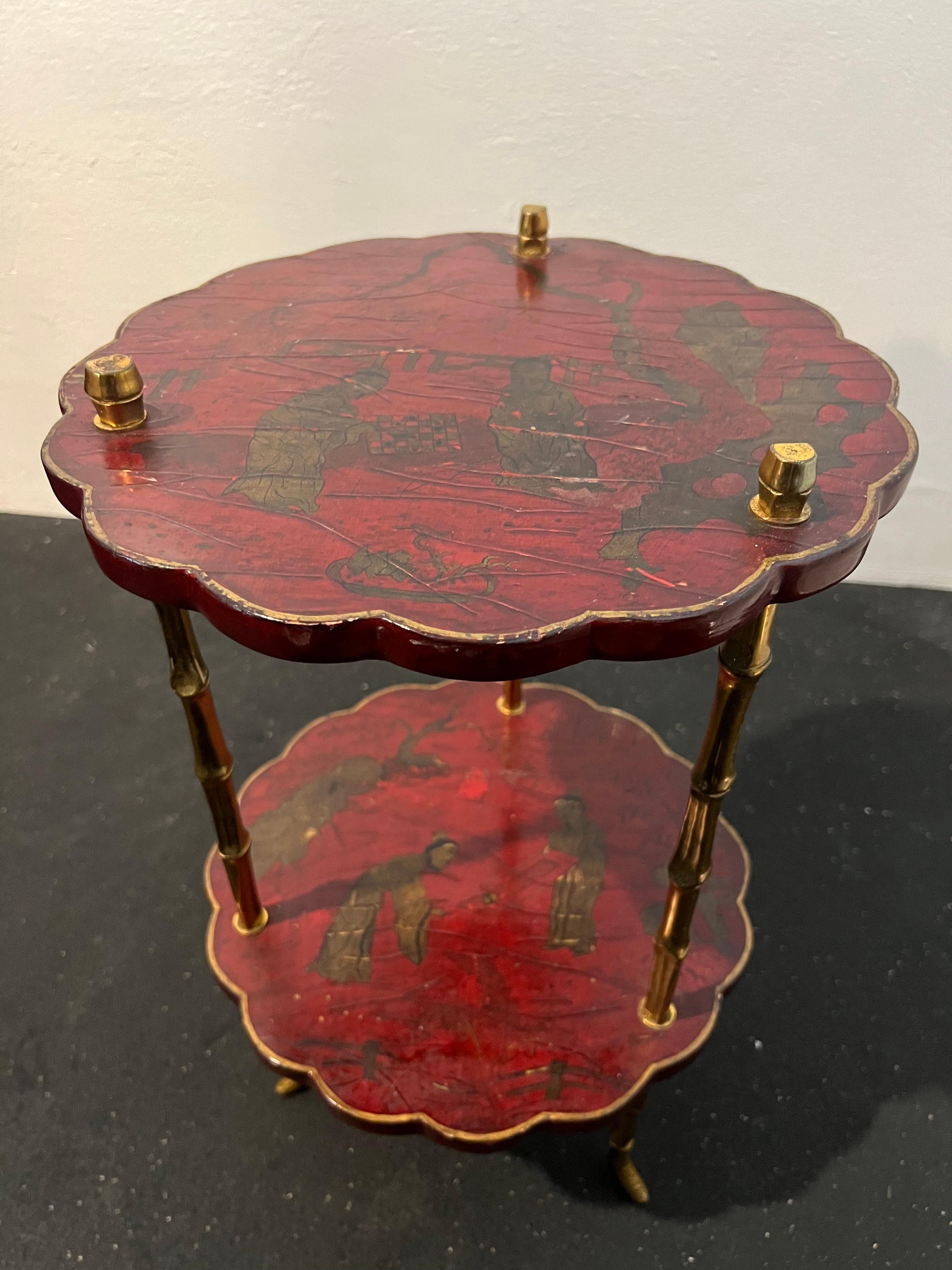 Mid-Century Modern Maison Baguès Attributed Faux Bamboo Chinoiserie Table In Bronze For Sale