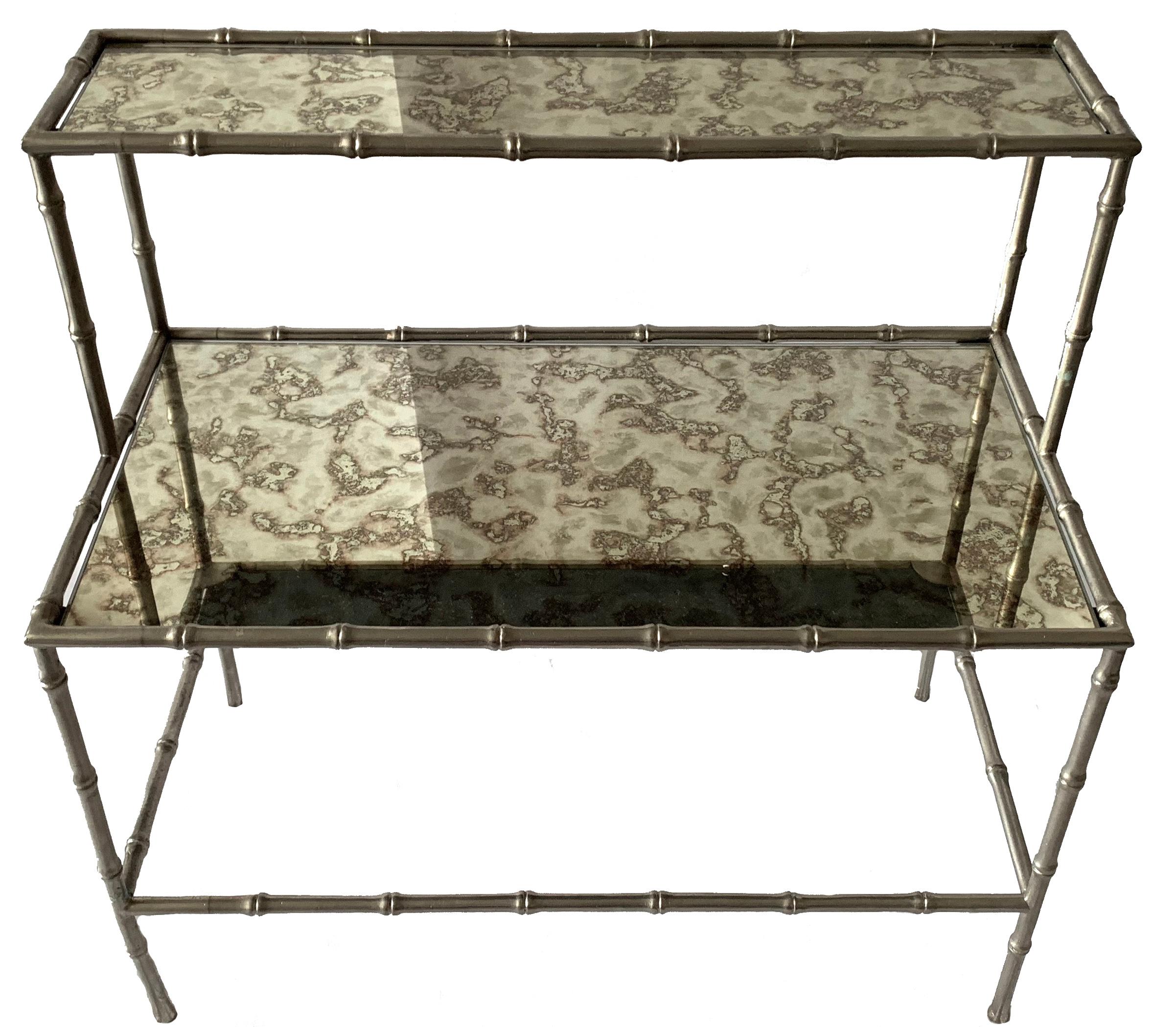 Chinoiserie Maison Baguès Attributed Nickel Bamboo Style Two-Tier Table