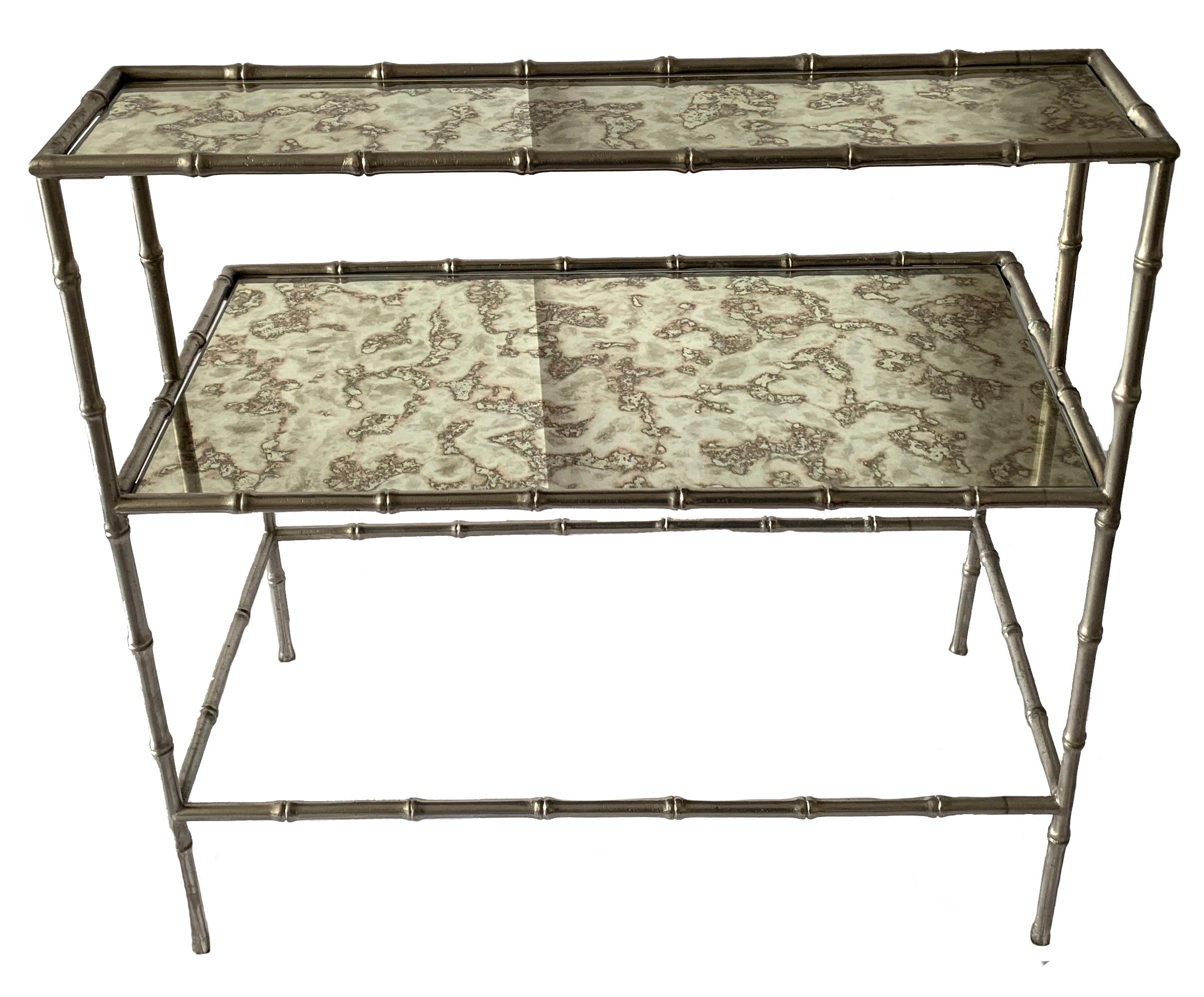 French Maison Baguès Attributed Nickel Bamboo Style Two-Tier Table