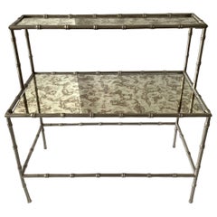 Maison Baguès Attributed Nickel Bamboo Style Two-Tier Table