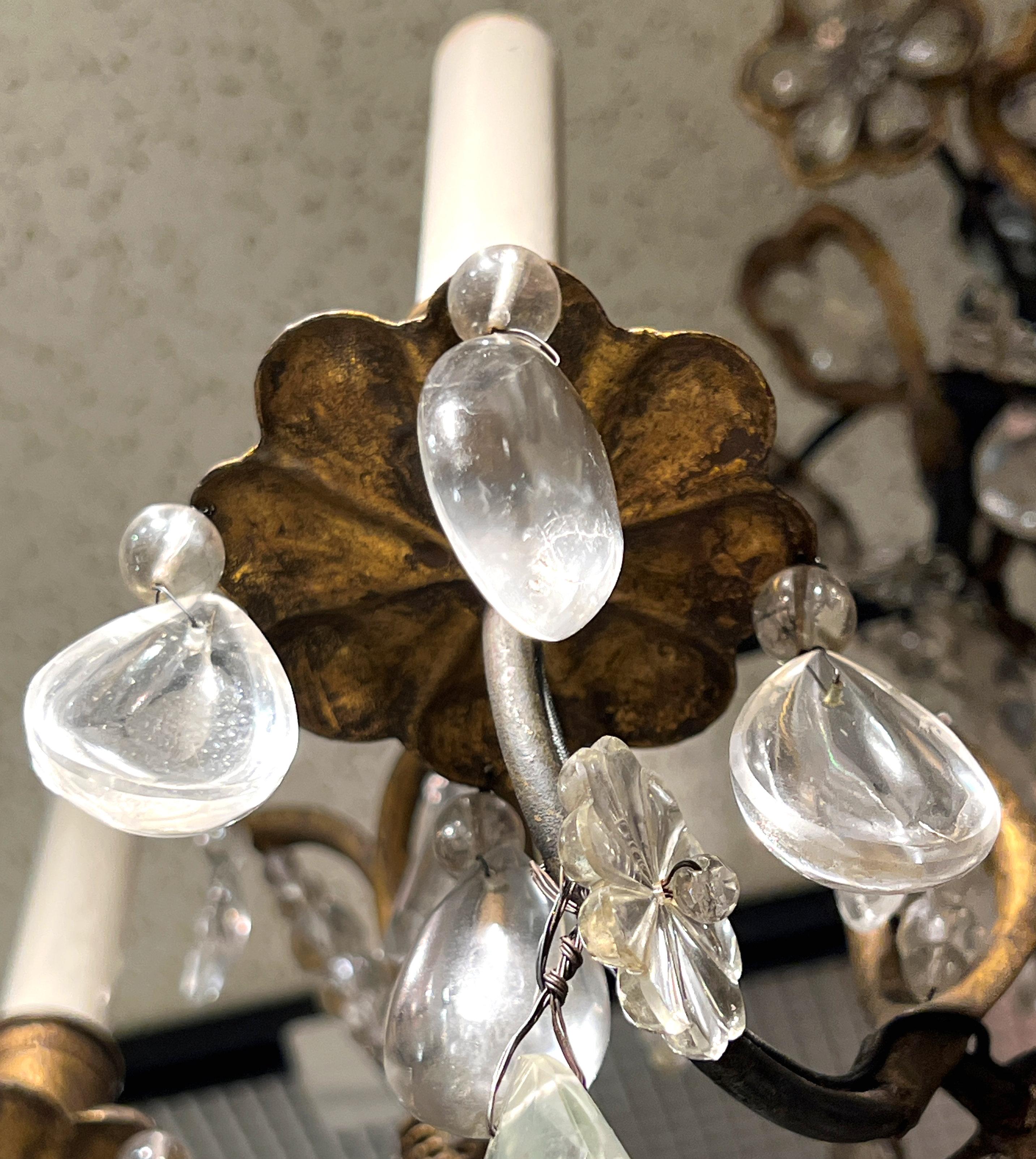 French Maison Baguès Attributed Patinated Band Gilt Metal Rock Crystal Chandelier For Sale