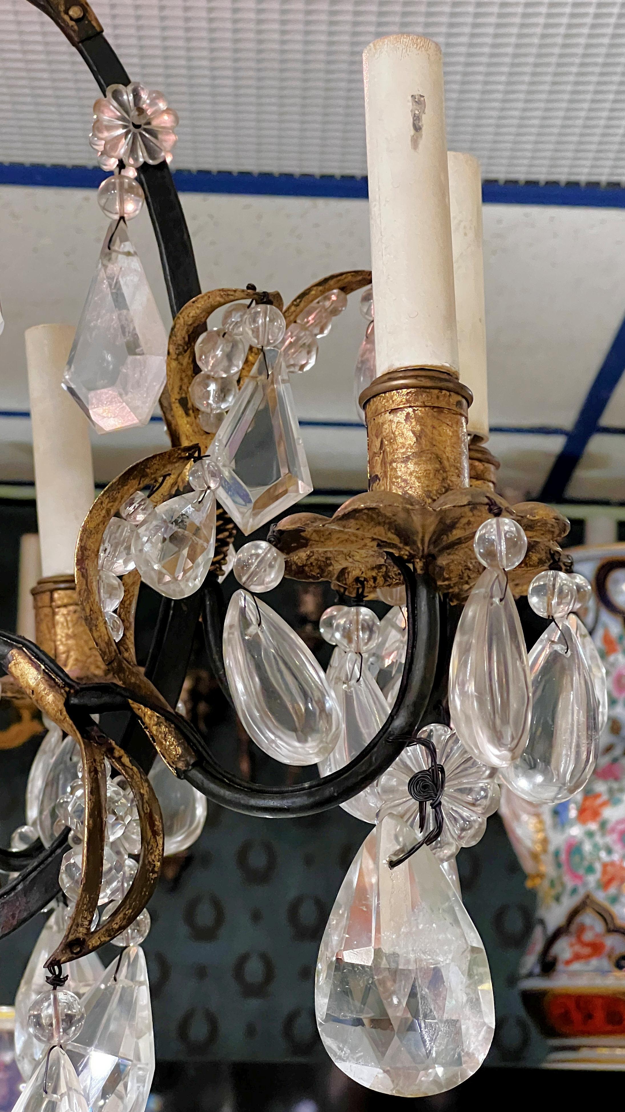20th Century Maison Baguès Attributed Patinated Band Gilt Metal Rock Crystal Chandelier For Sale