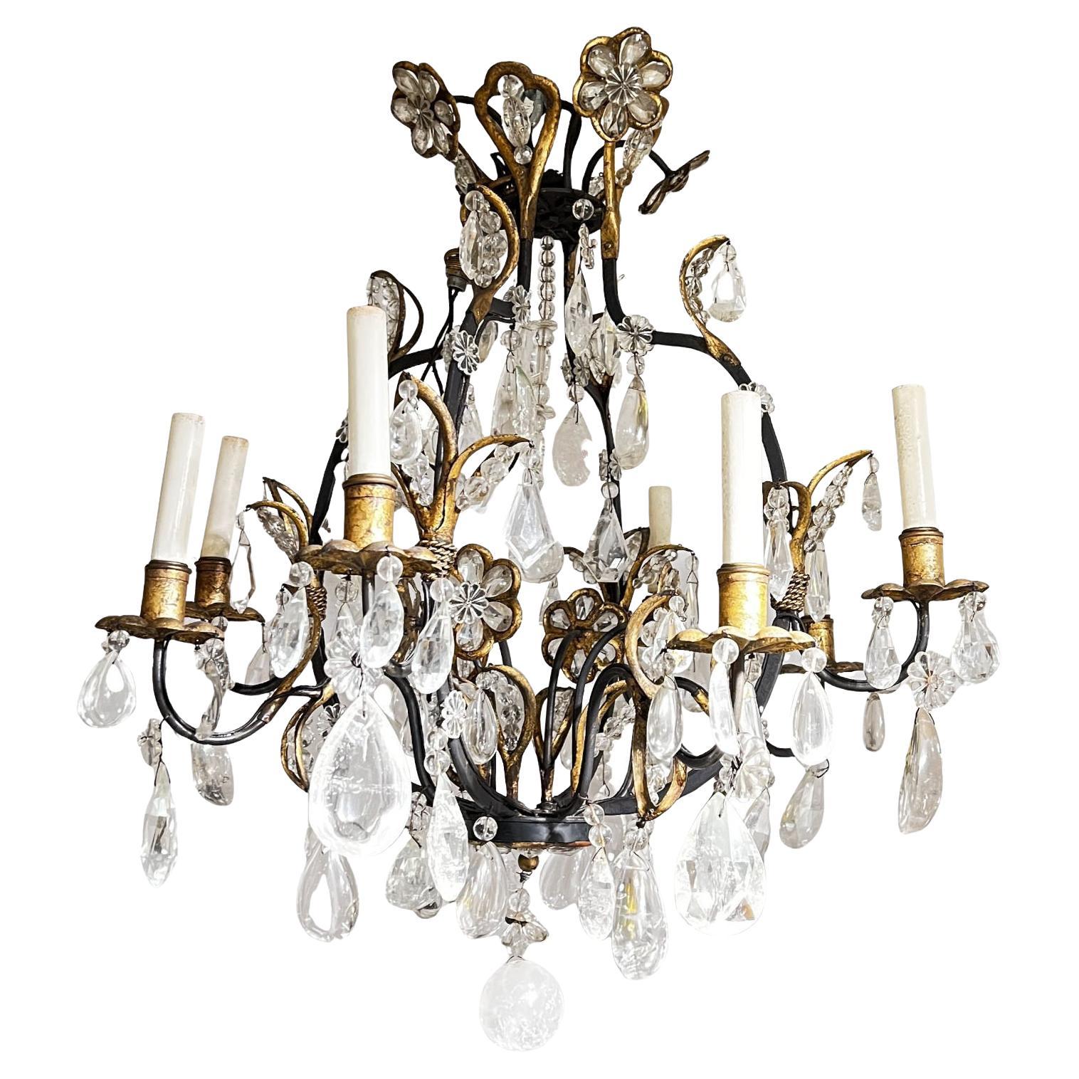 Maison Baguès Attributed Patinated Band Gilt Metal Rock Crystal Chandelier