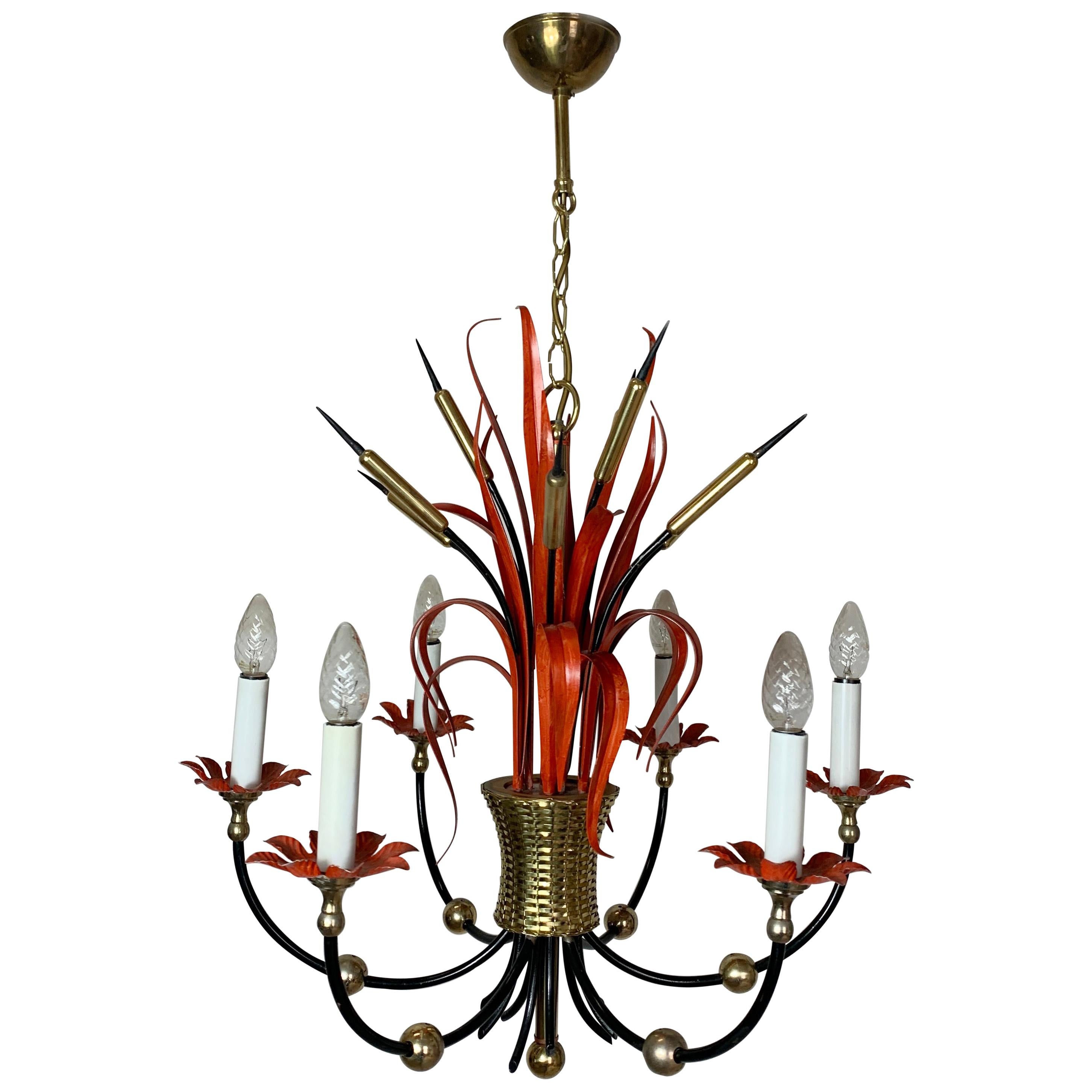 Maison Bagues Attributed Red Bulrush Chandelier, 1970s-1980s