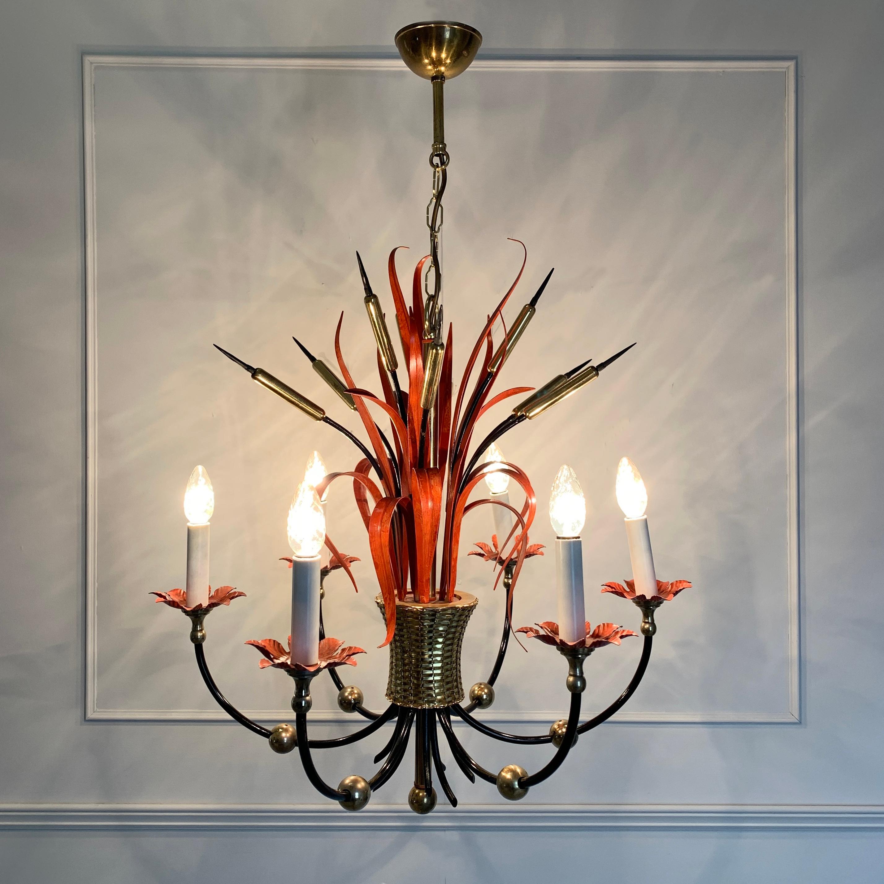 Maison Bagues attributed Bulrush chandelier
circa 1970s-1980s, France
Stunning red leaves decorate the centre of the chandelier, intertwined with gilt bulrush heads
The gold woven metal basket at the base is handcrafted
There are 6 bulb holders, e14