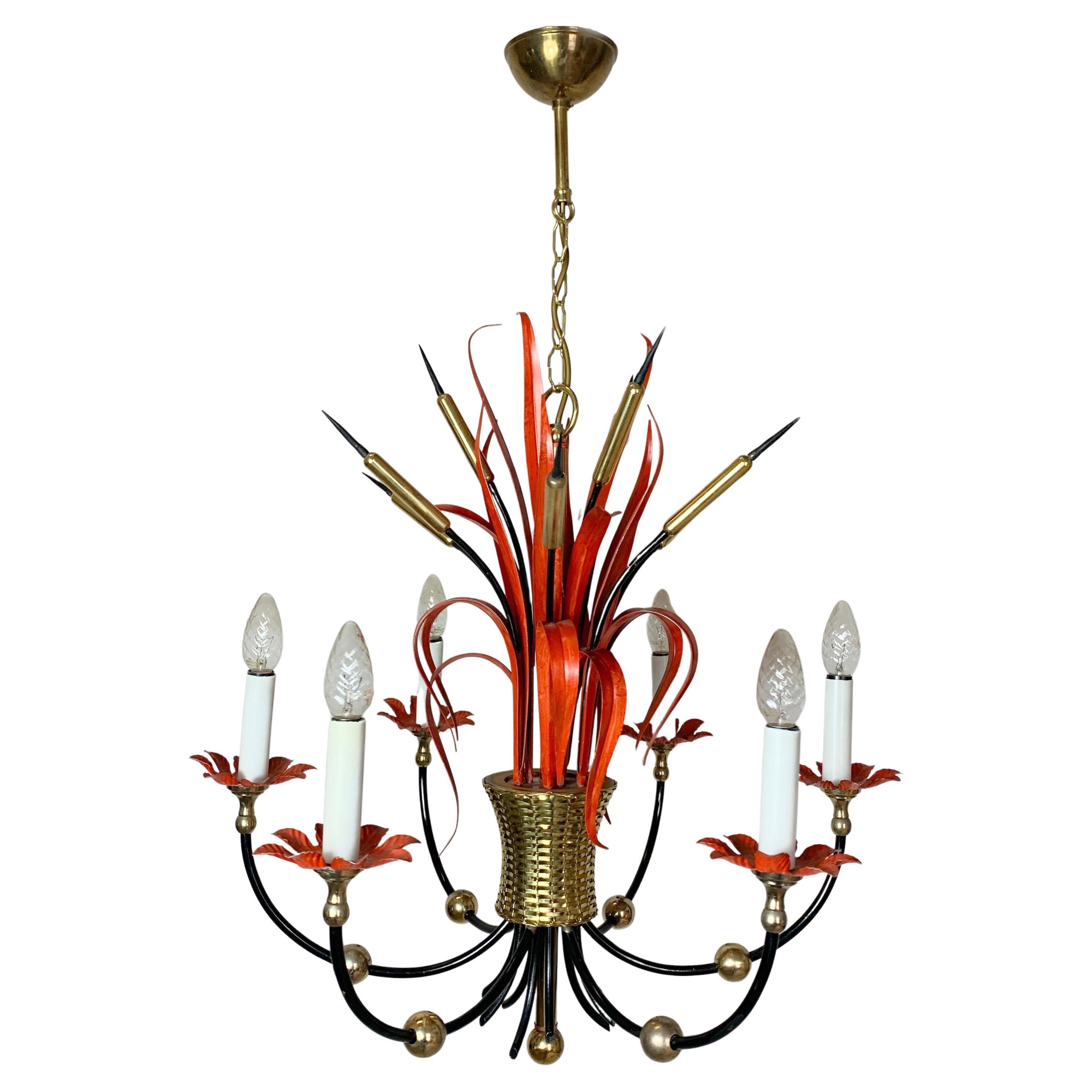 Lustre en jonc rouge attribué à la Maison Bagues