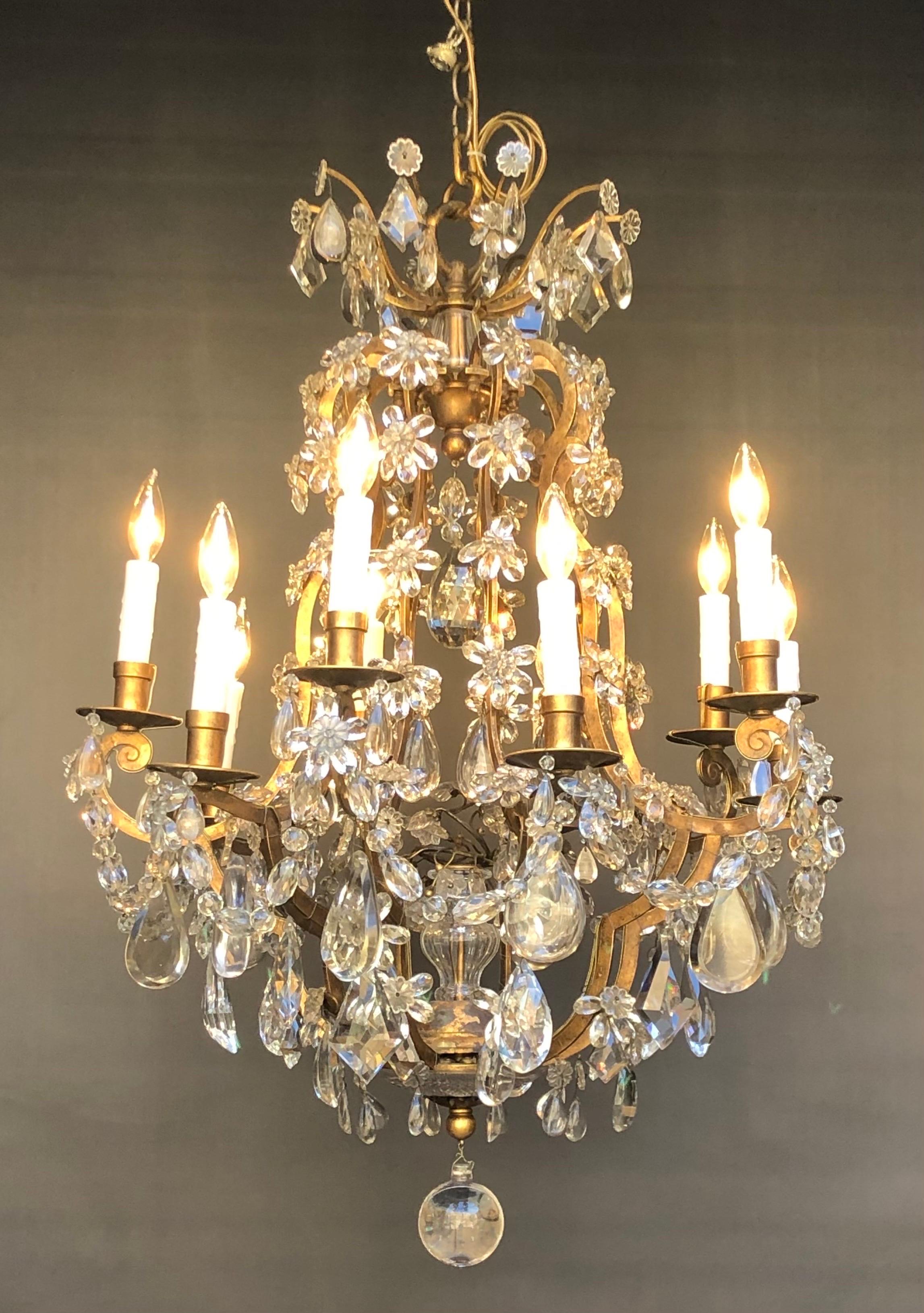 Maison Baguès attributed, Wrought Iron Gilt & Crystal 10 Light Chandelier In Good Condition For Sale In Charleston, SC