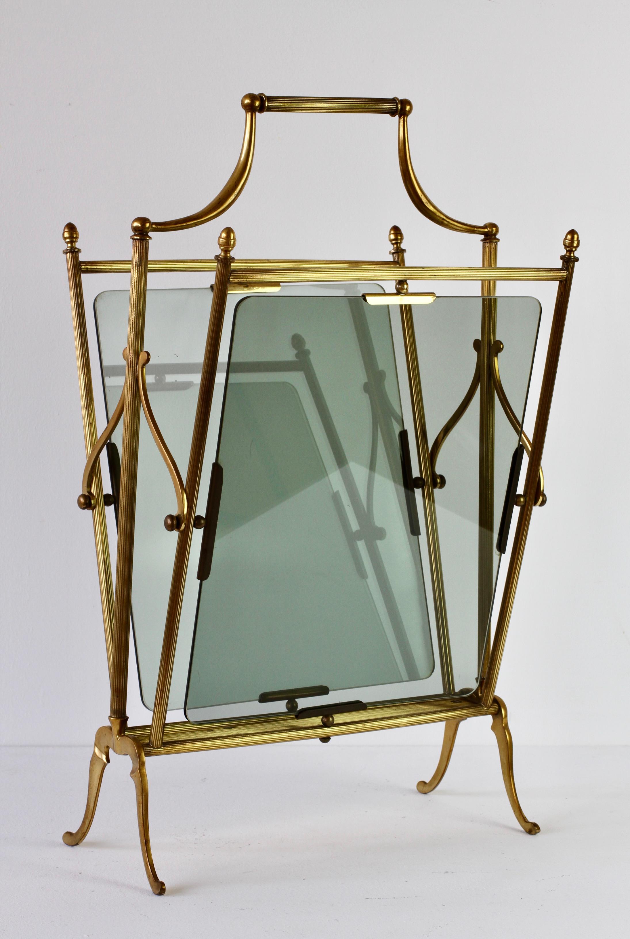 Maison Baguès ‘Attributed' Brass & Toned Glass Magazine Rack / Newspaper Stand For Sale 7
