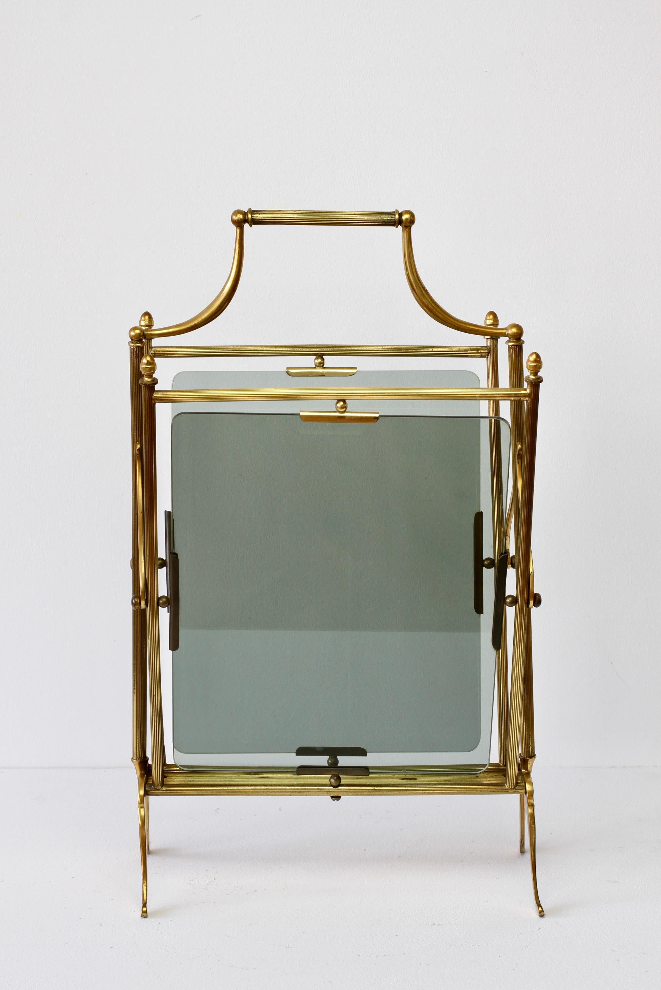 French Maison Baguès ‘Attributed' Brass & Toned Glass Magazine Rack / Newspaper Stand For Sale
