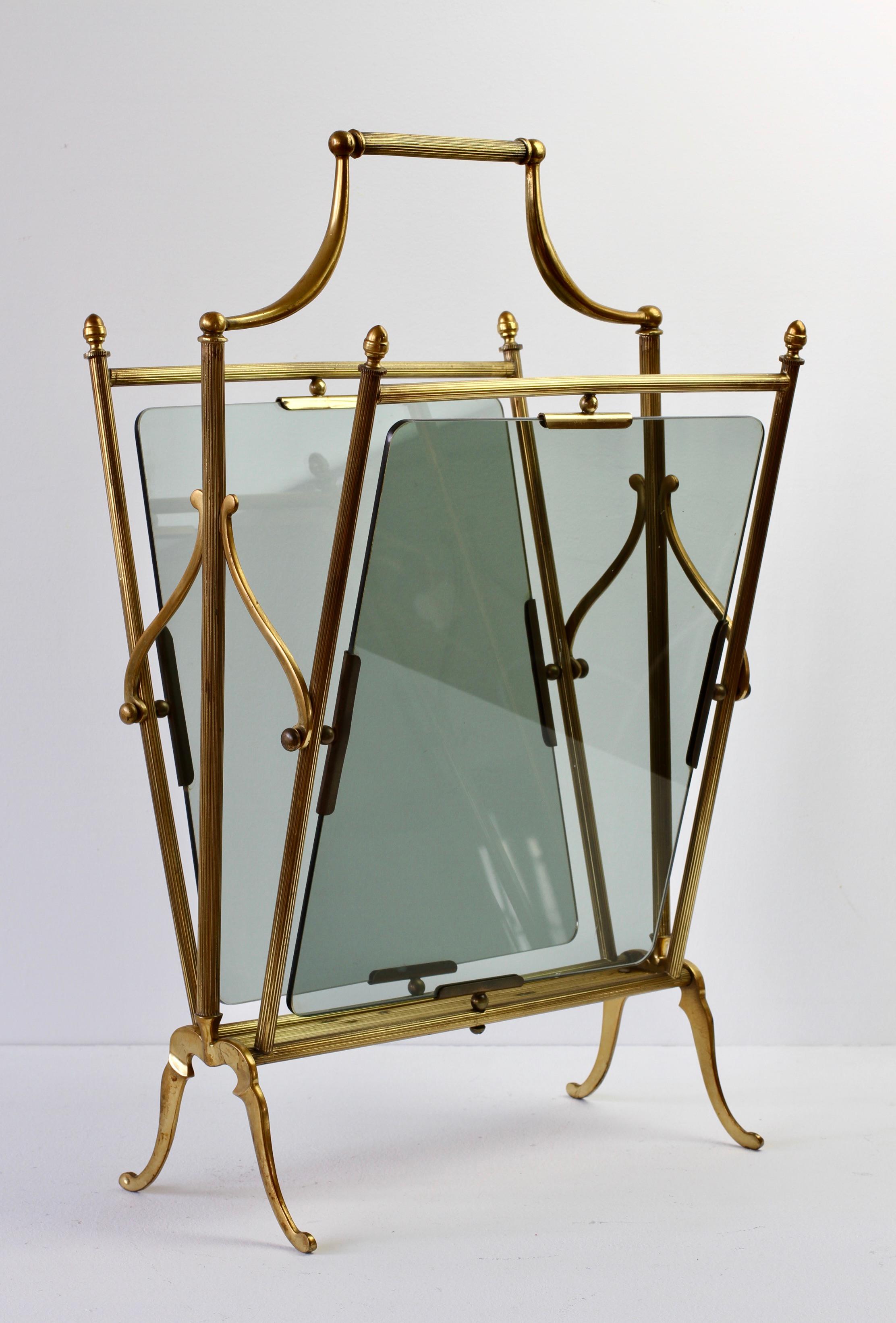 20th Century Maison Baguès ‘Attributed' Brass & Toned Glass Magazine Rack / Newspaper Stand For Sale