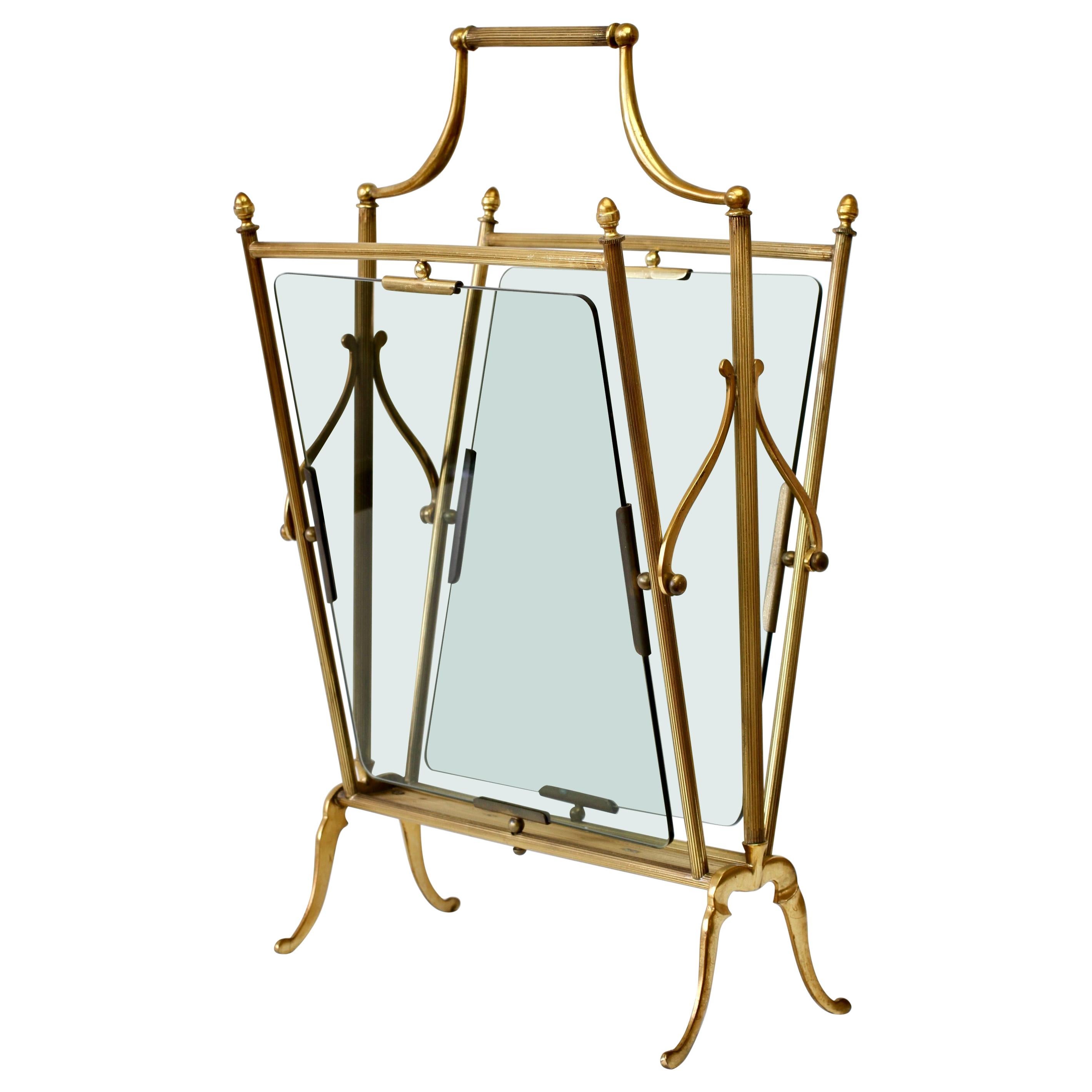 Maison Baguès ‘Attributed' Brass & Toned Glass Magazine Rack / Newspaper Stand For Sale