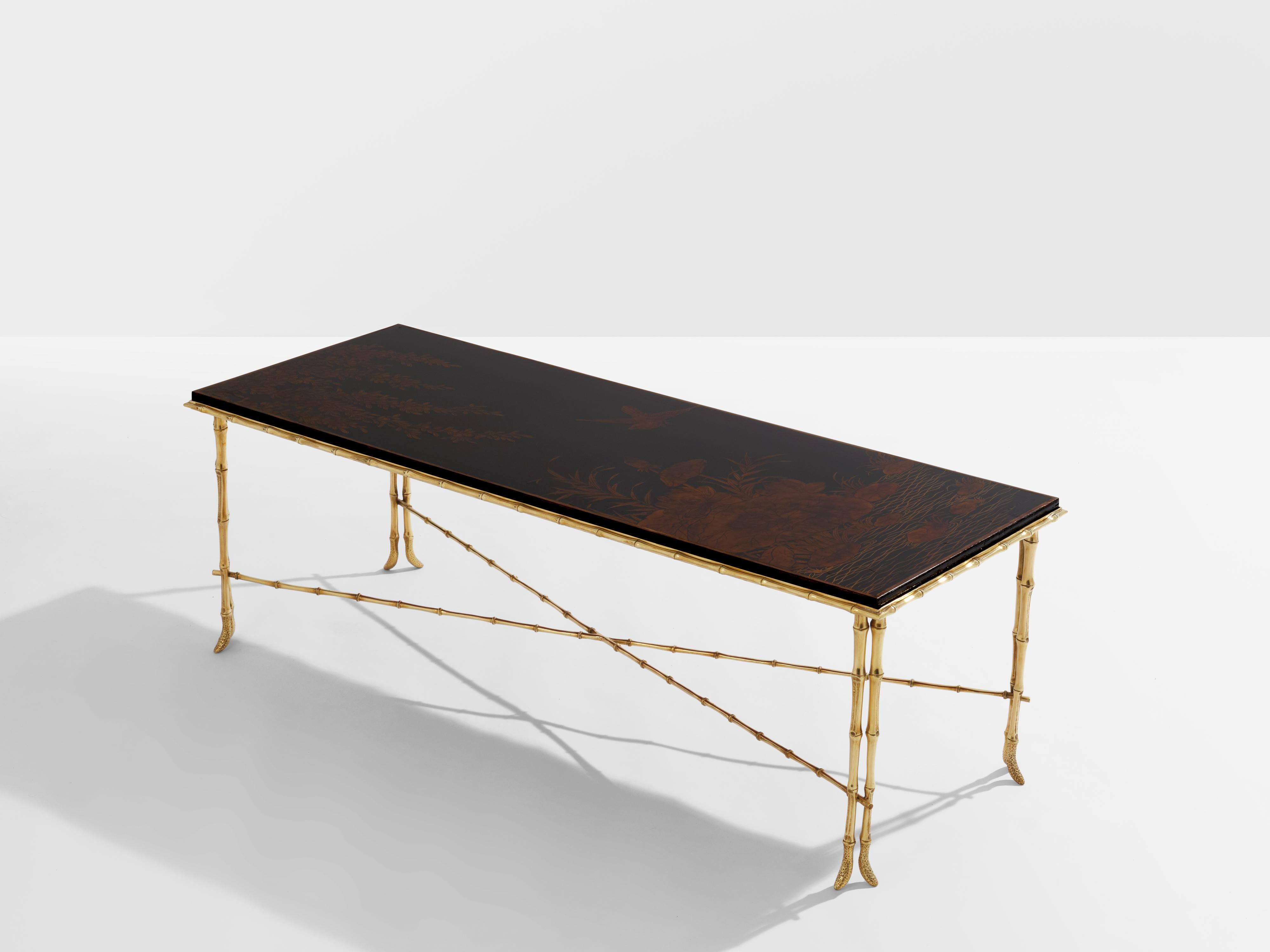 Mid-Century Modern Maison Baguès bamboo brass Chinese lacquered coffee table 1950s For Sale