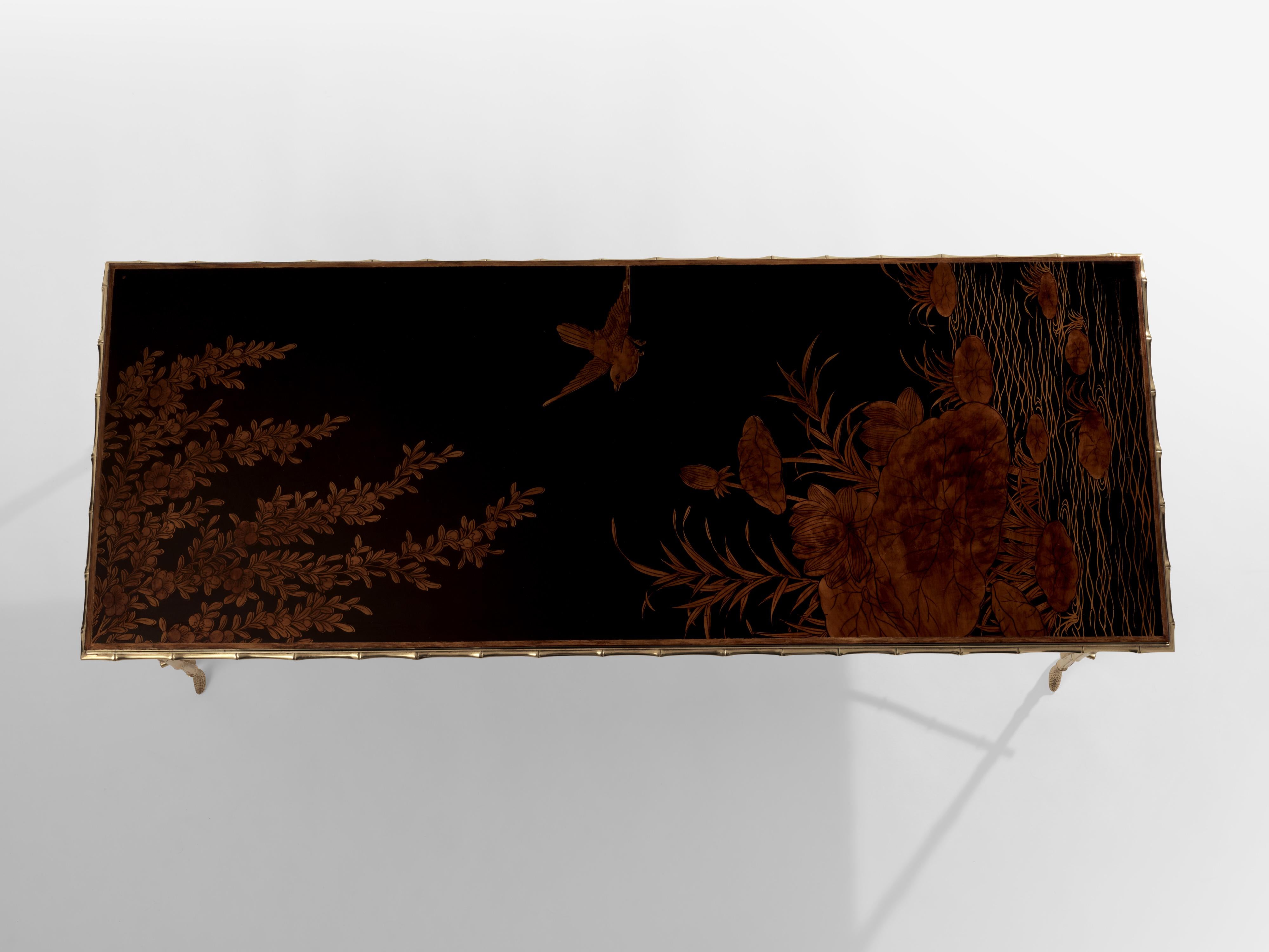 French Maison Baguès bamboo brass Chinese lacquered coffee table 1950s For Sale