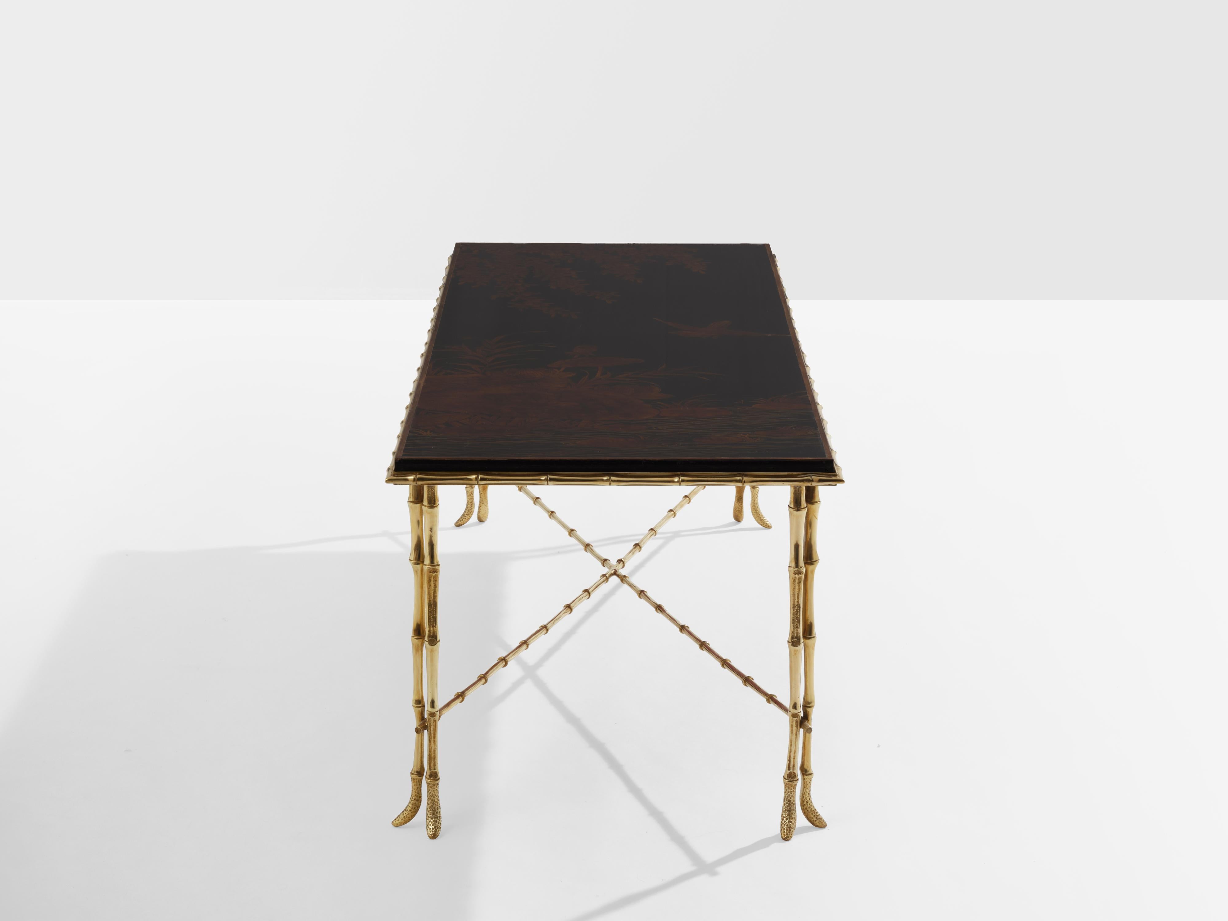 Maison Baguès bamboo brass Chinese lacquered coffee table 1950s In Good Condition For Sale In Paris, IDF