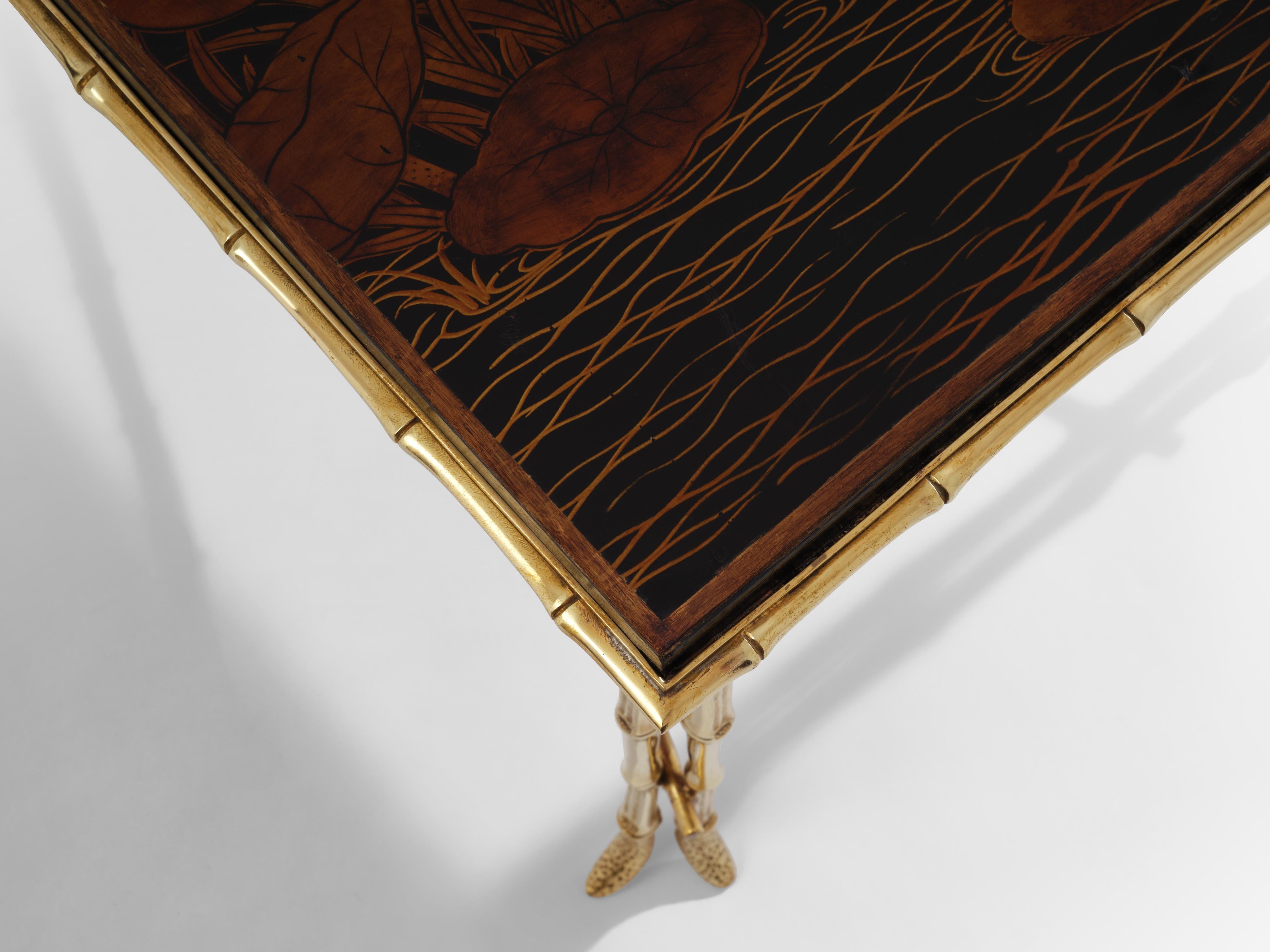 Brass Maison Baguès bamboo brass Chinese lacquered coffee table 1950s For Sale