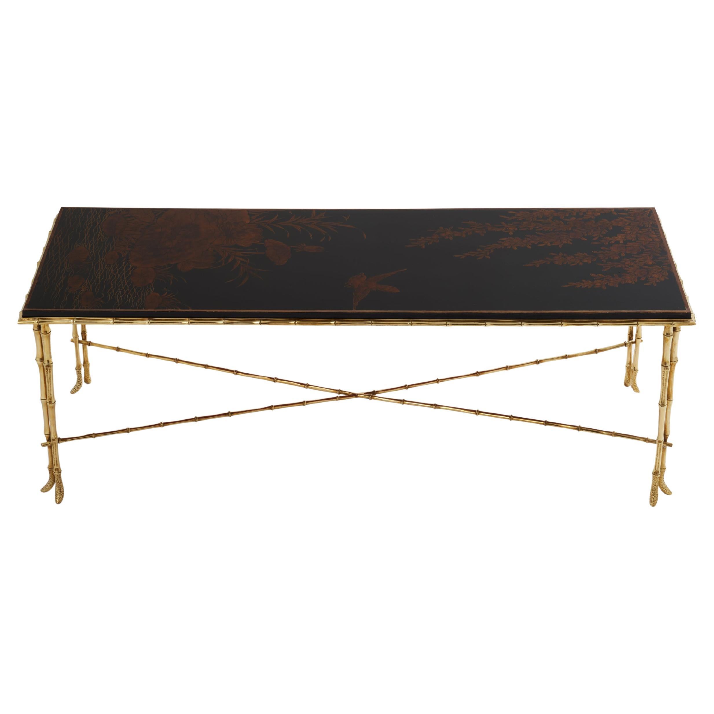 Mesa de centro china de bambú y latón lacado Maison Baguès años 50
