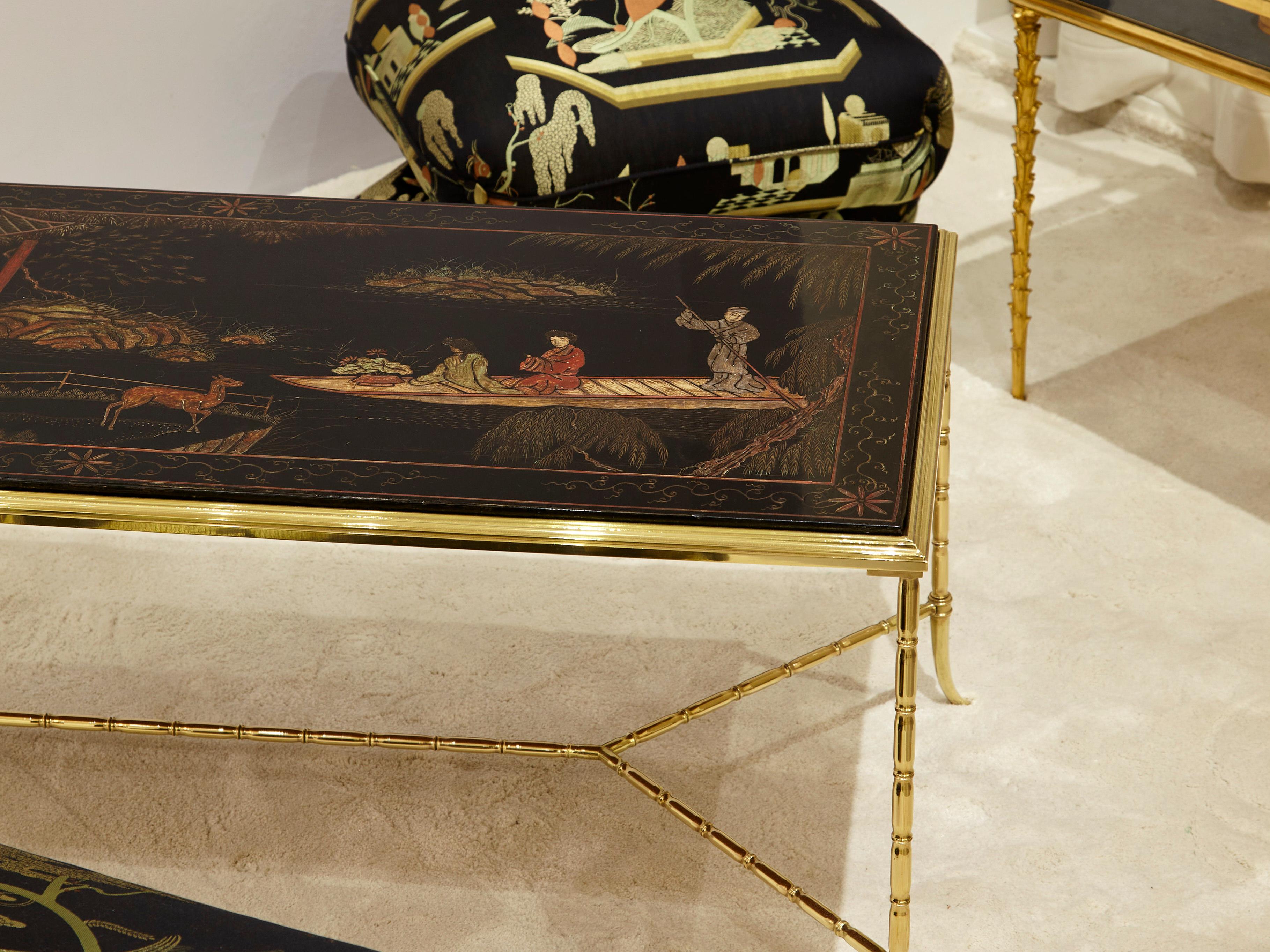 Maison Baguès bamboo brass Chinese lacquered coffee table 1960s 3