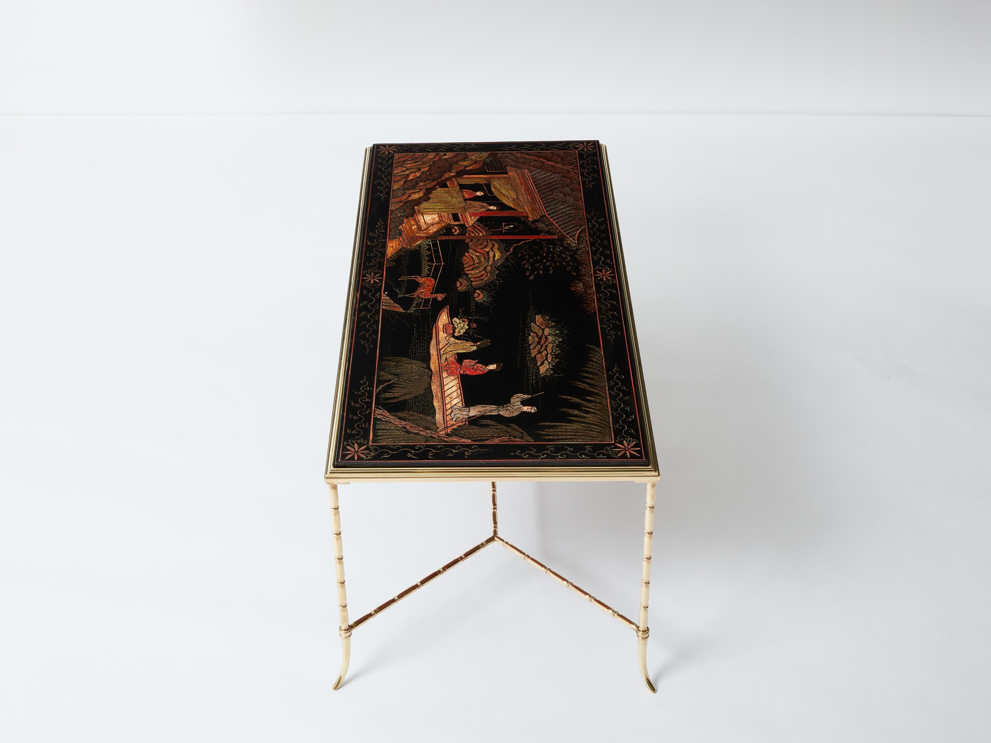Maison Baguès bamboo brass Chinese lacquered coffee table 1960s 4
