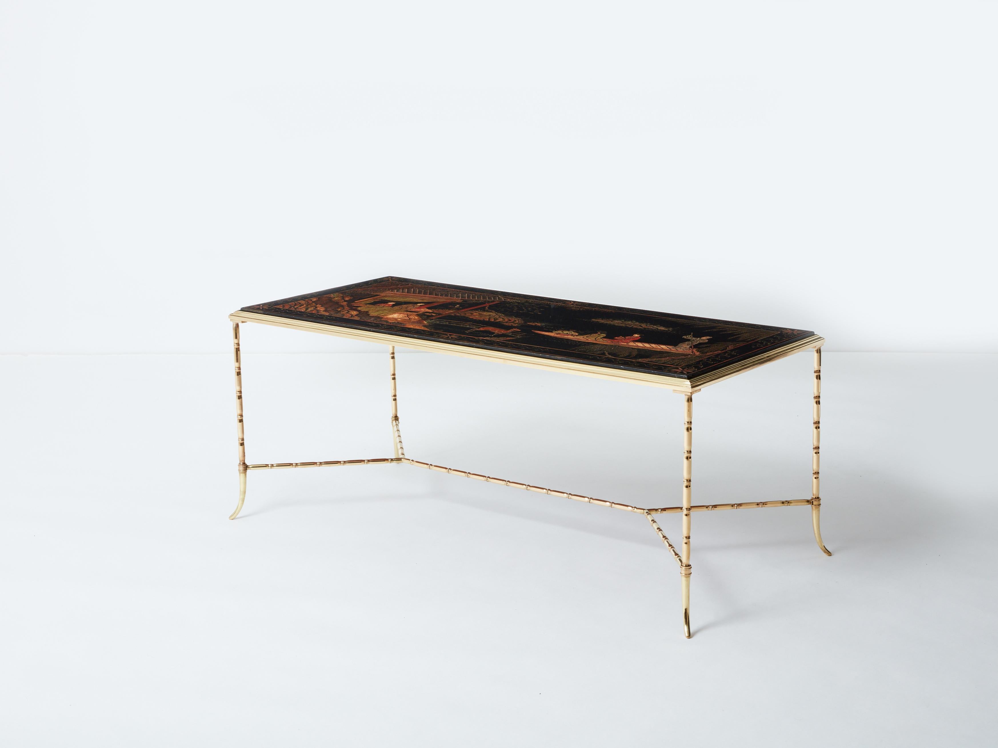 Maison Baguès bamboo brass Chinese lacquered coffee table 1960s 5