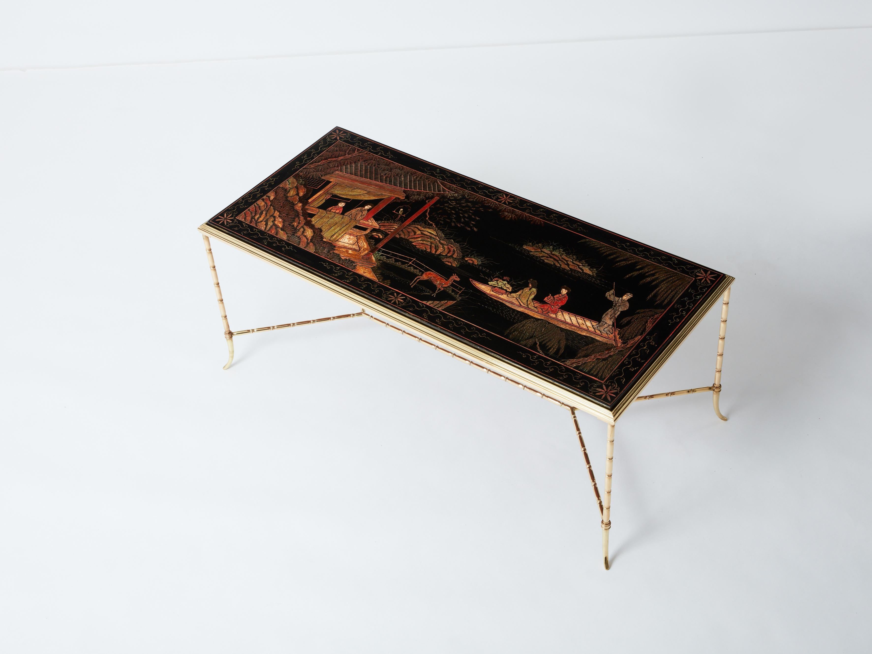 Mid-Century Modern Maison Baguès bamboo brass Chinese lacquered coffee table 1960s