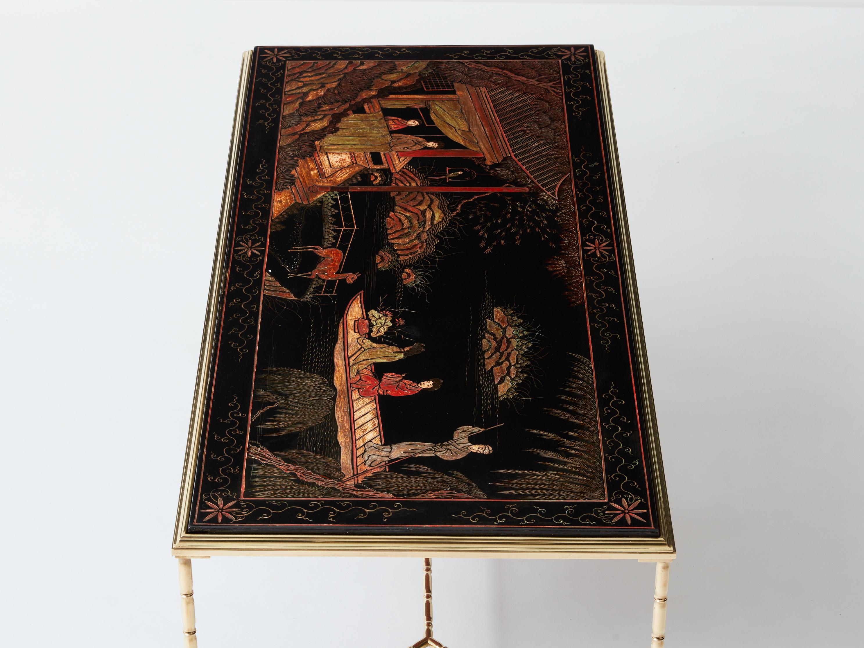 French Maison Baguès bamboo brass Chinese lacquered coffee table 1960s