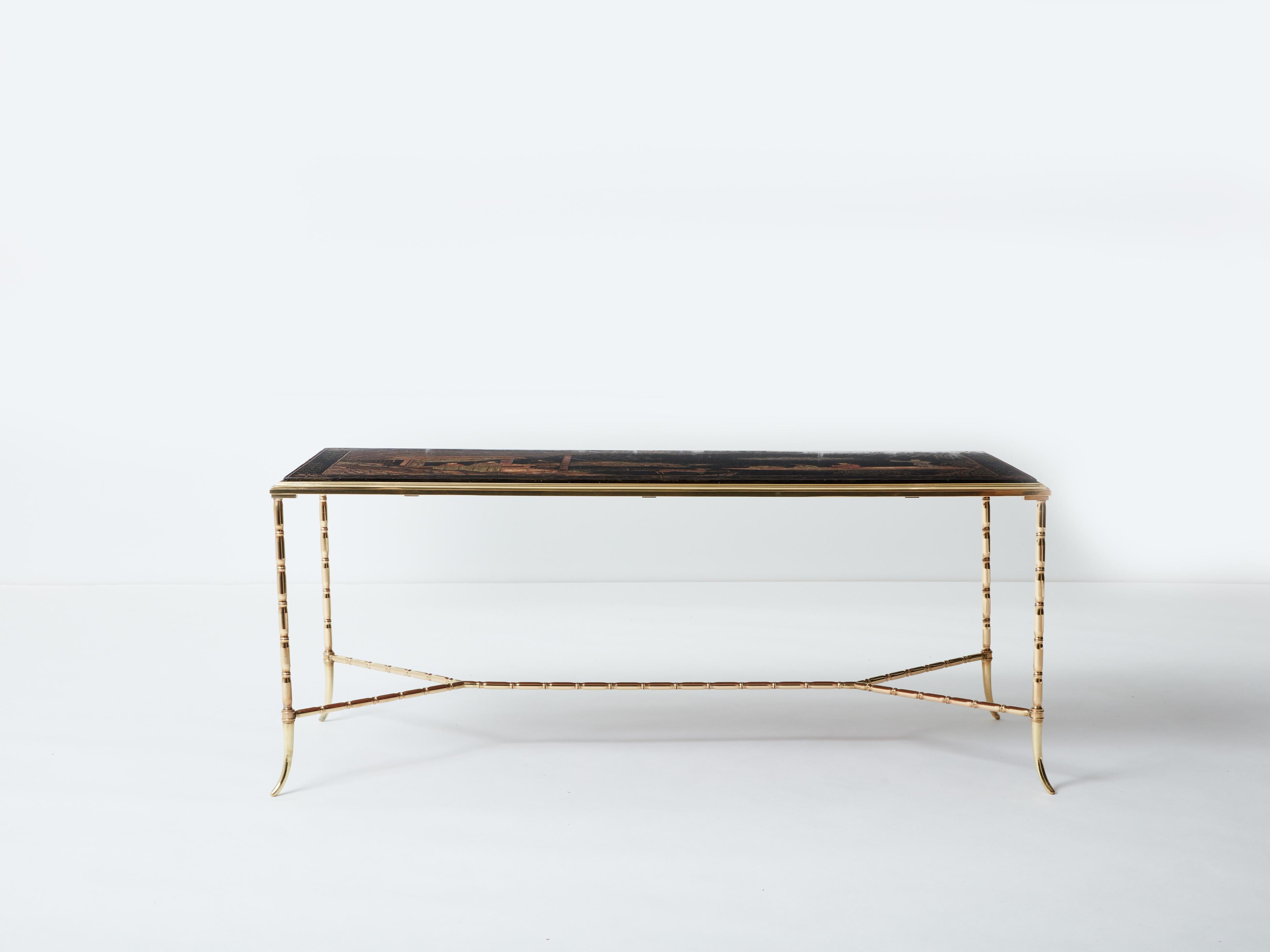 Mid-20th Century Maison Baguès bamboo brass Chinese lacquered coffee table 1960s