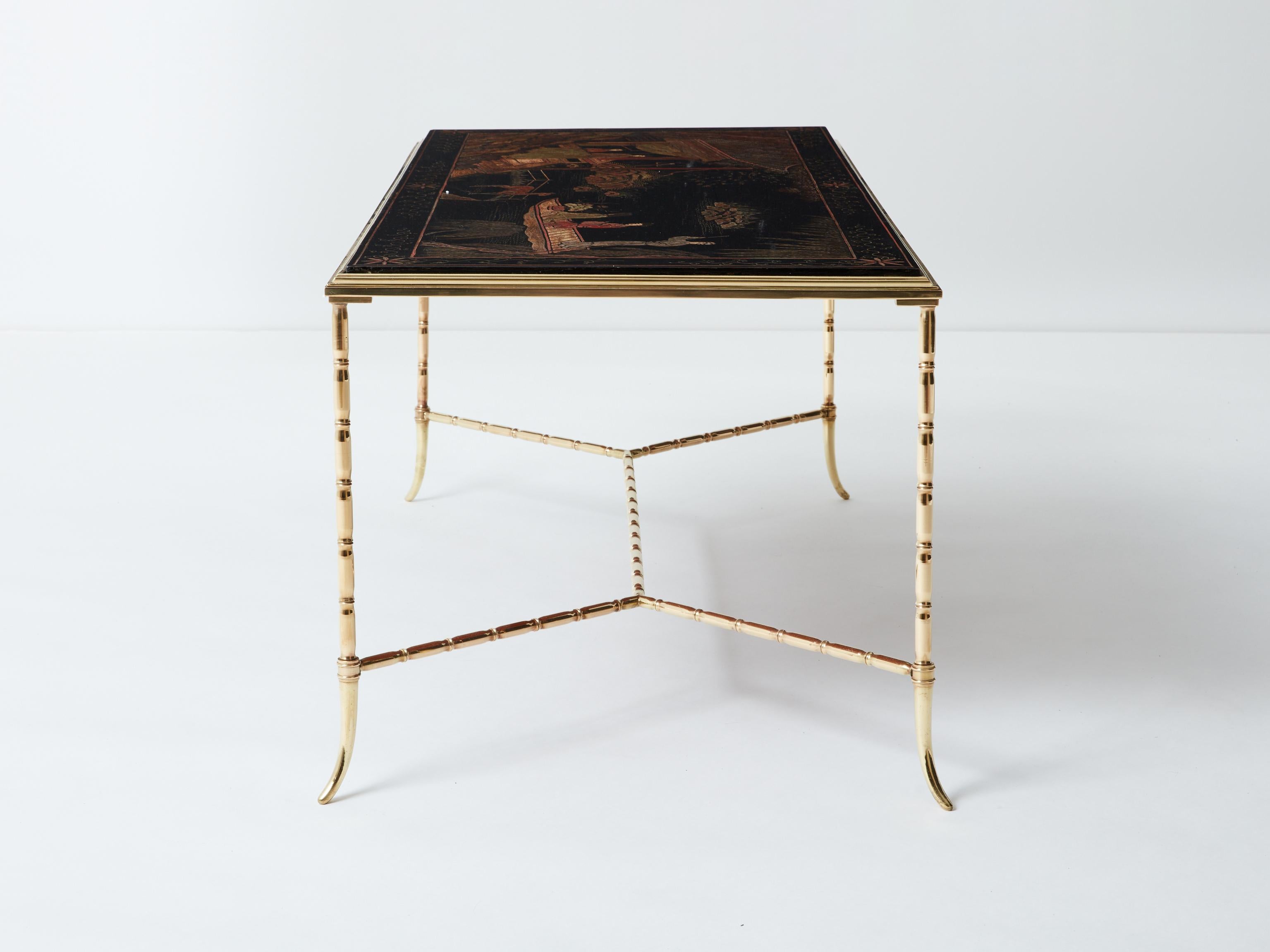 Brass Maison Baguès bamboo brass Chinese lacquered coffee table 1960s