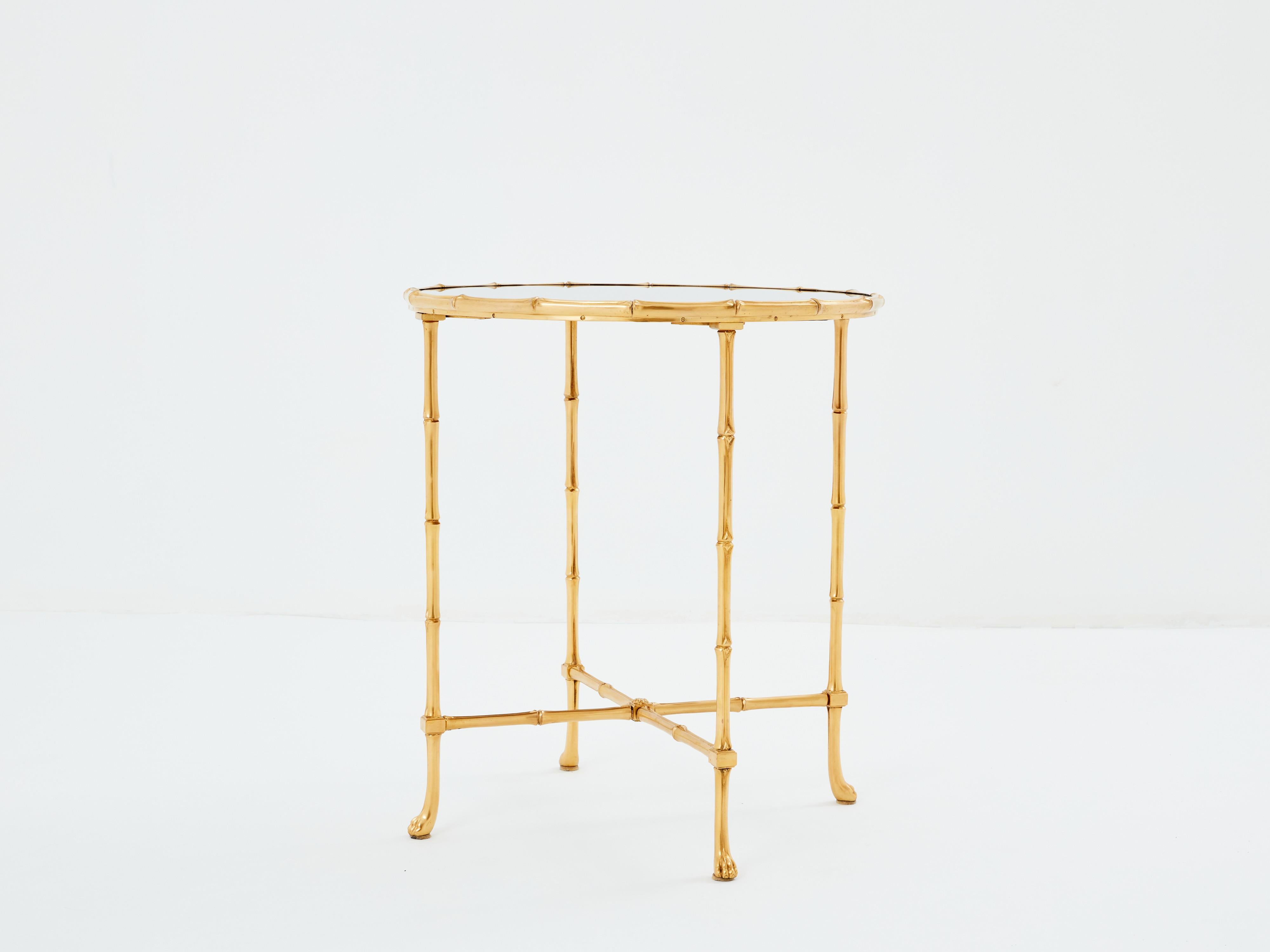 Mid-Century Modern Maison Baguès bamboo brass dark grey mirror gueridon table 1960s For Sale