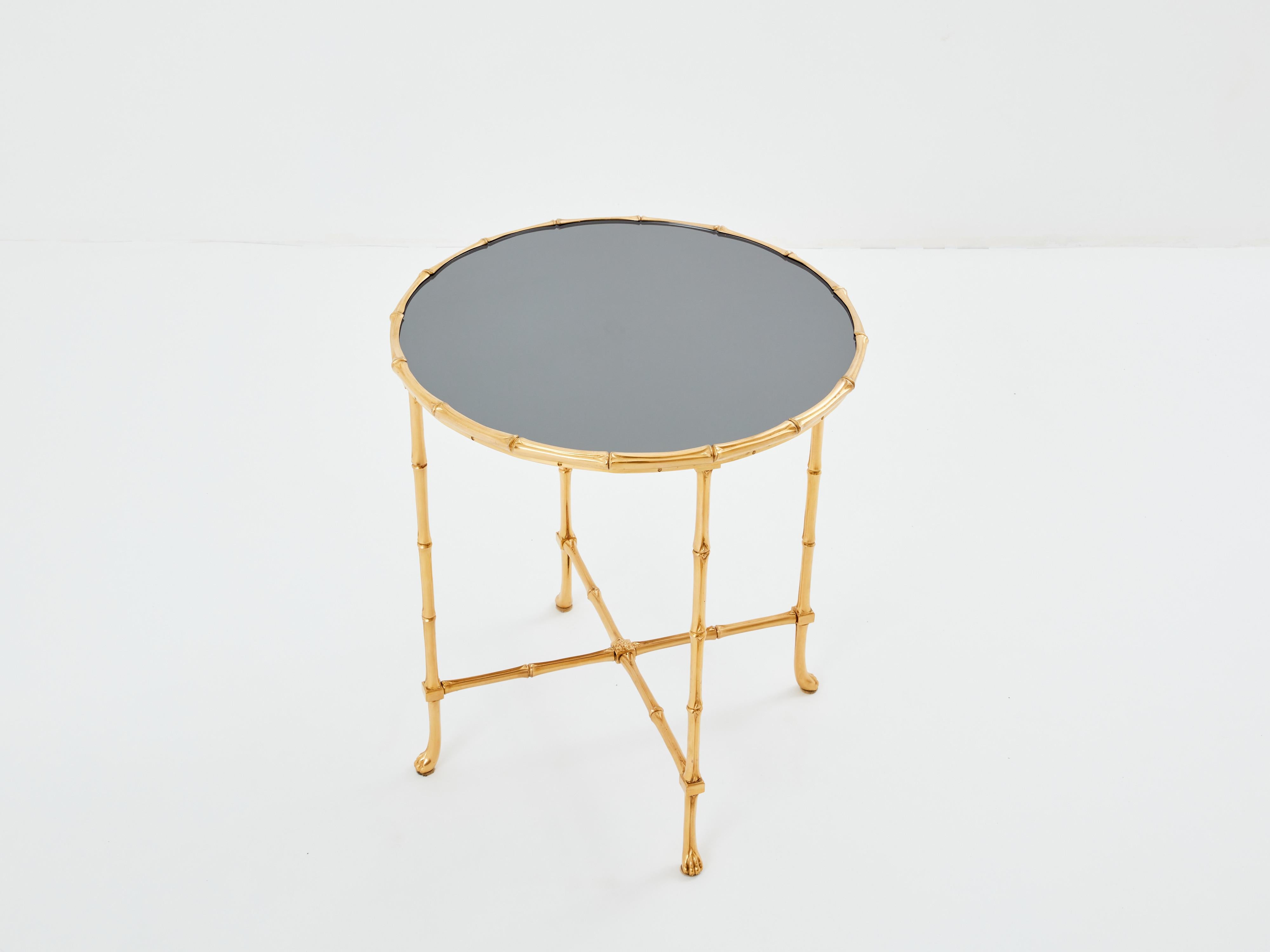 French Maison Baguès bamboo brass dark grey mirror gueridon table 1960s For Sale