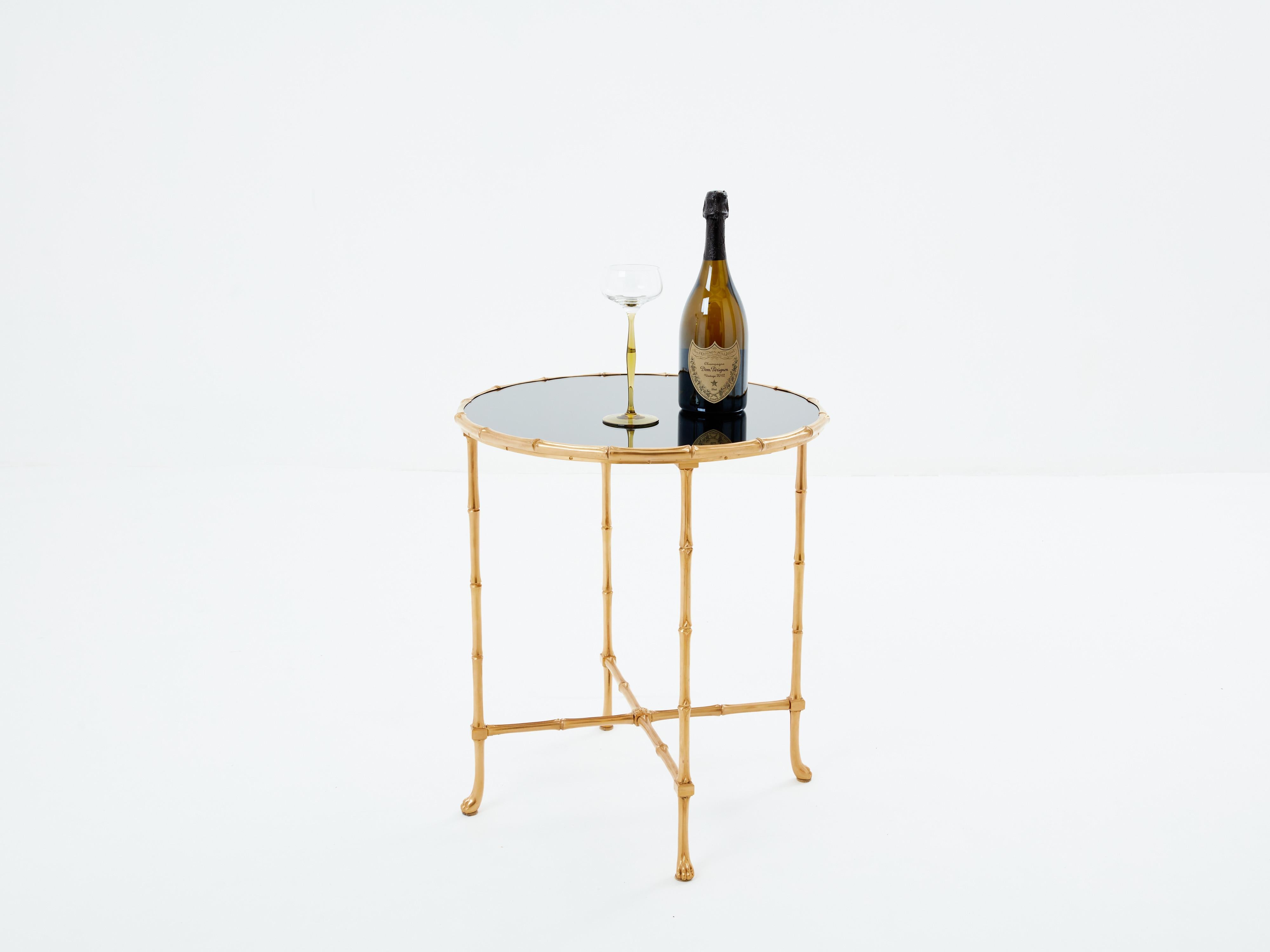Maison Baguès bamboo brass dark grey mirror gueridon table 1960s For Sale 1