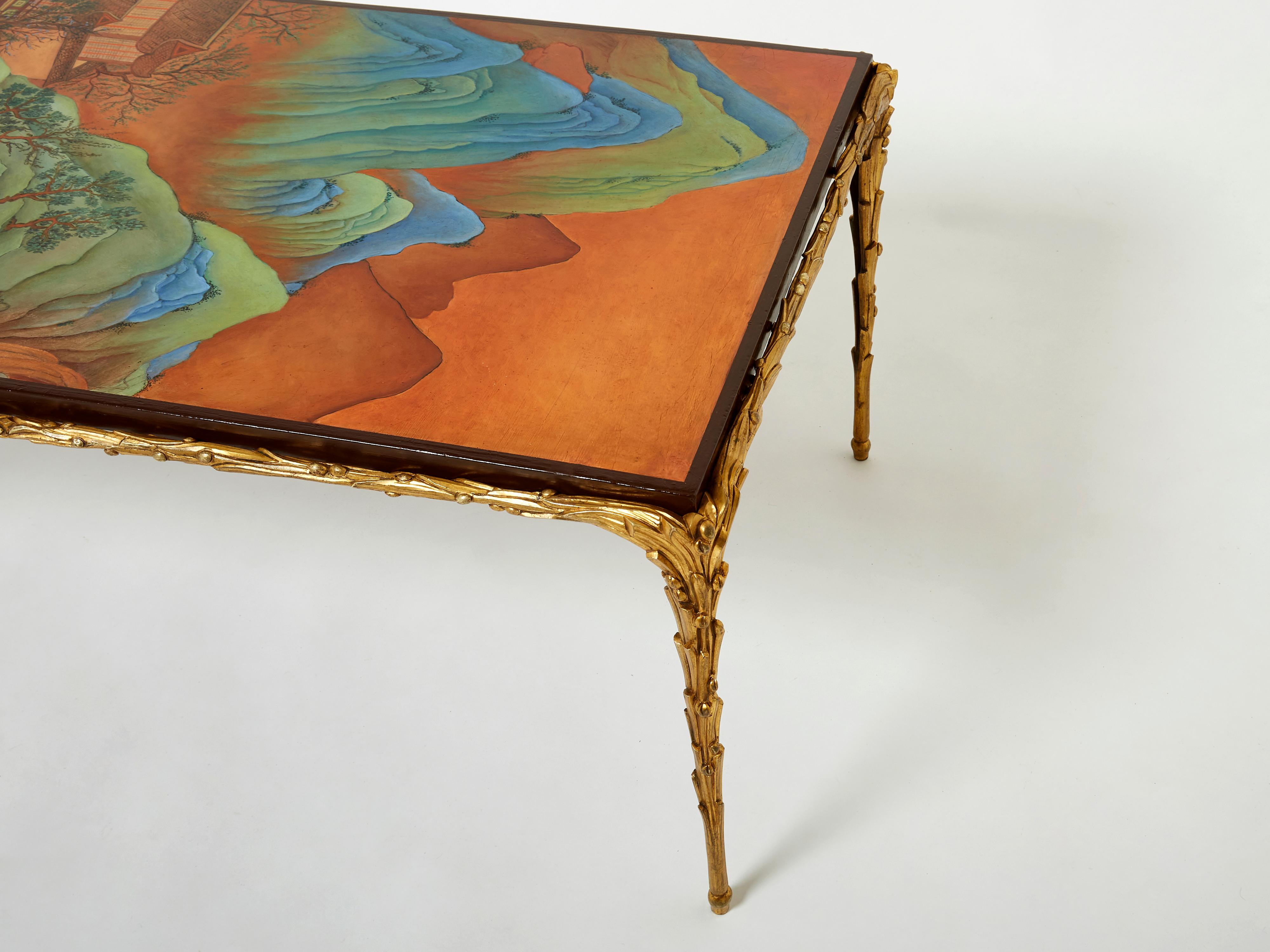 Maison Baguès foliage Bronze Chinese Lacquered Coffee Table 1960s For Sale 4