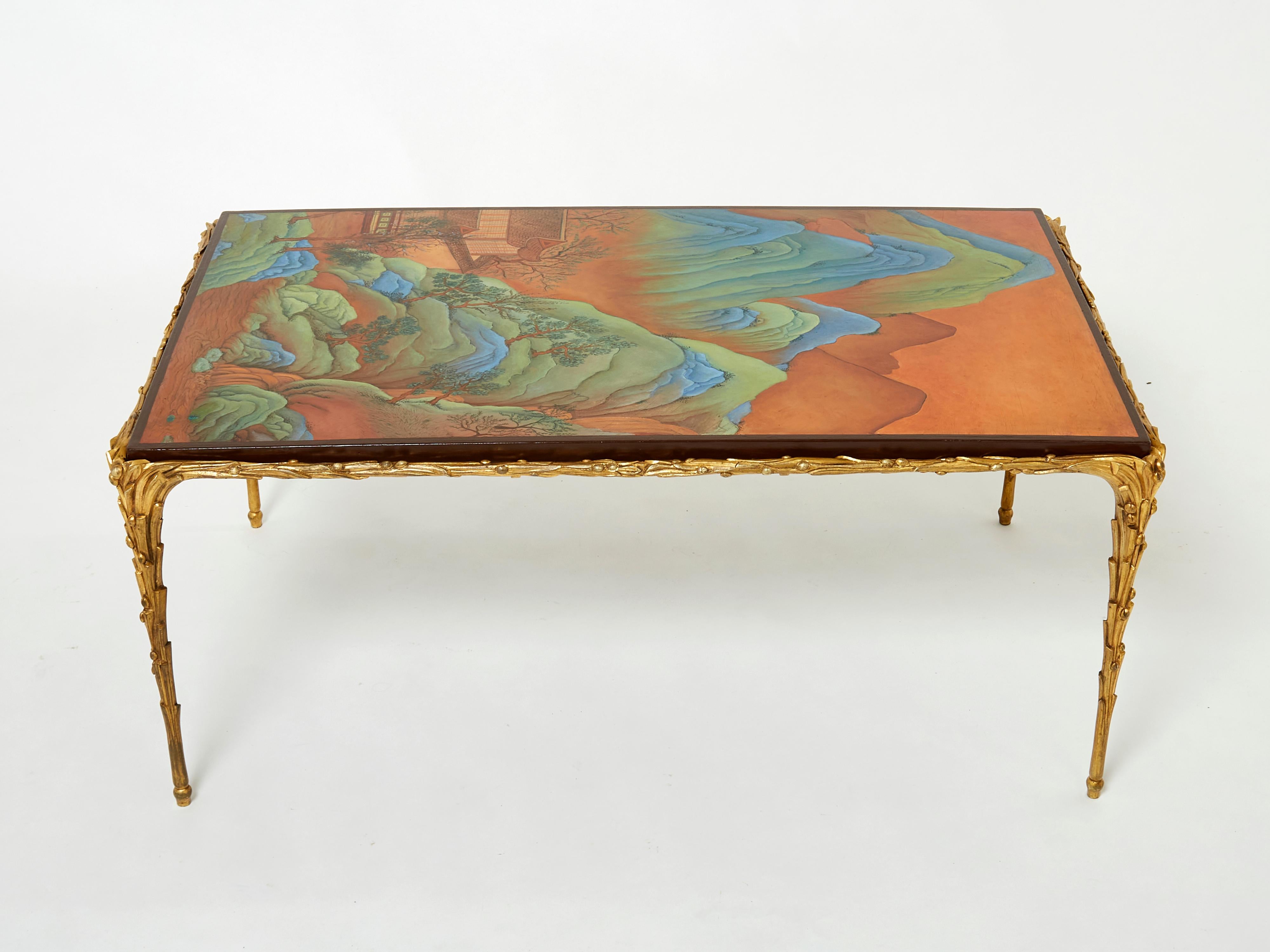 Mid-Century Modern Maison Baguès foliage Bronze Chinese Lacquered Coffee Table 1960s For Sale