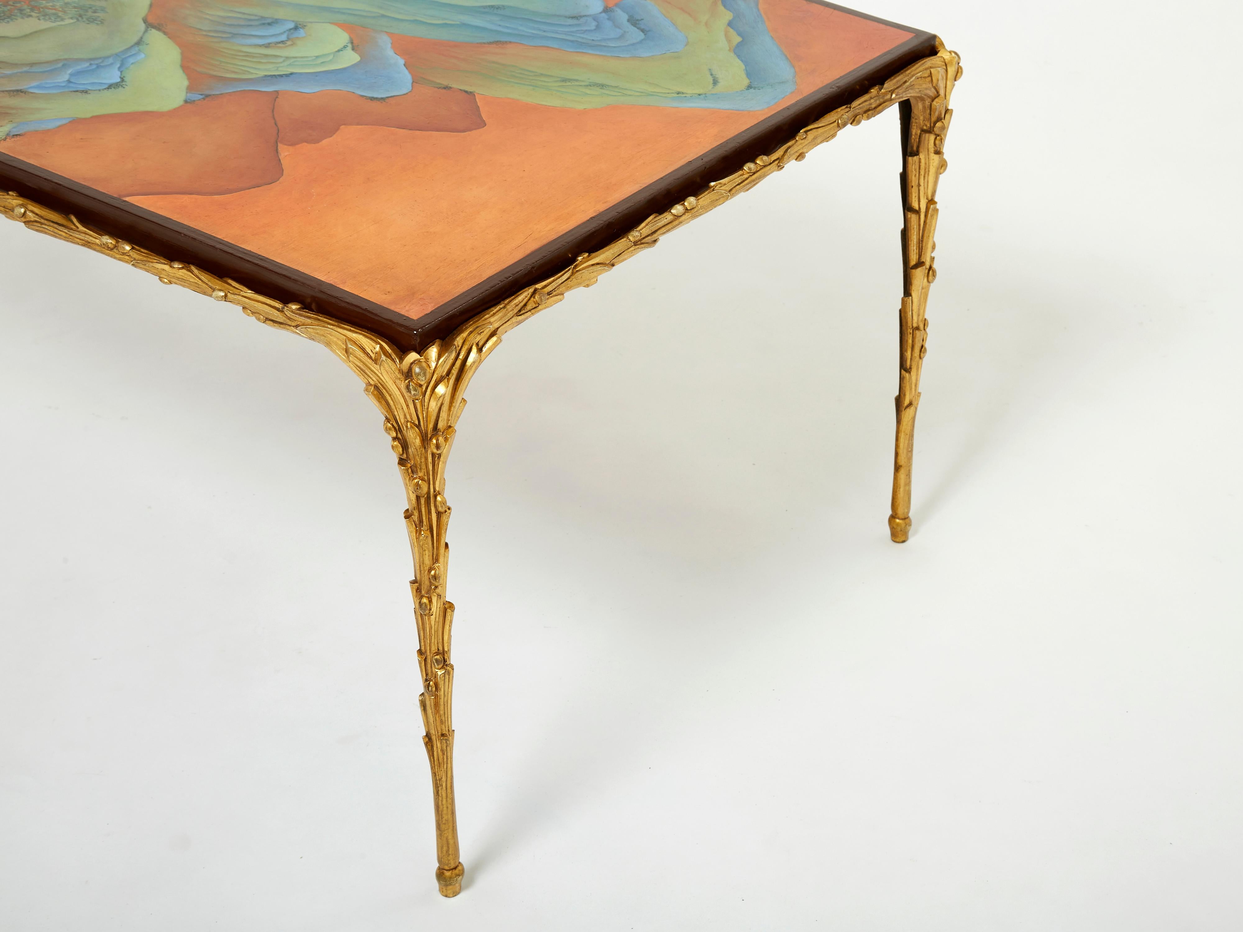 French Maison Baguès foliage Bronze Chinese Lacquered Coffee Table 1960s For Sale