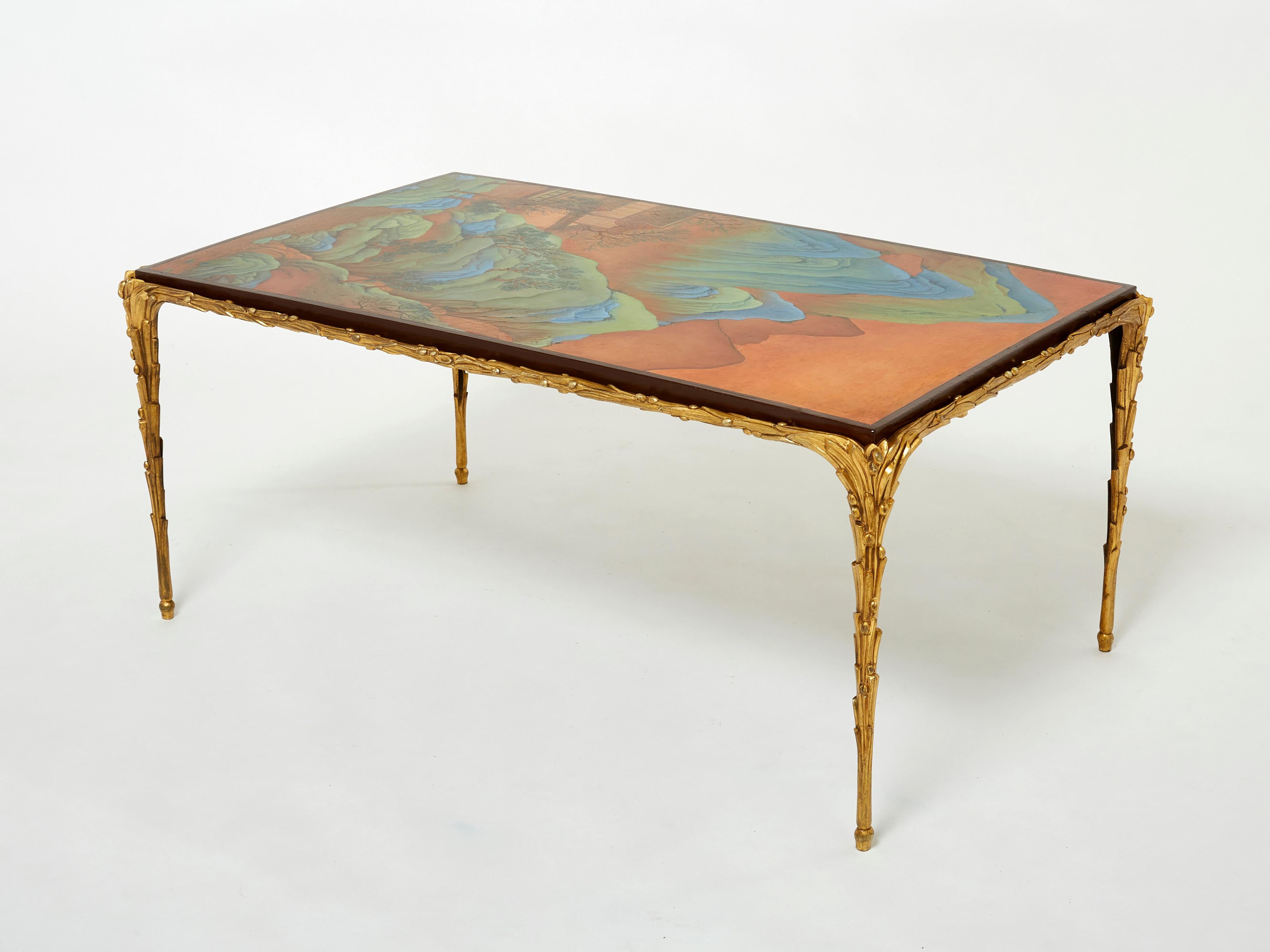 Maison Baguès feuillage Table basse laquée chinoise en bronze 1960s Bon état - En vente à Paris, IDF