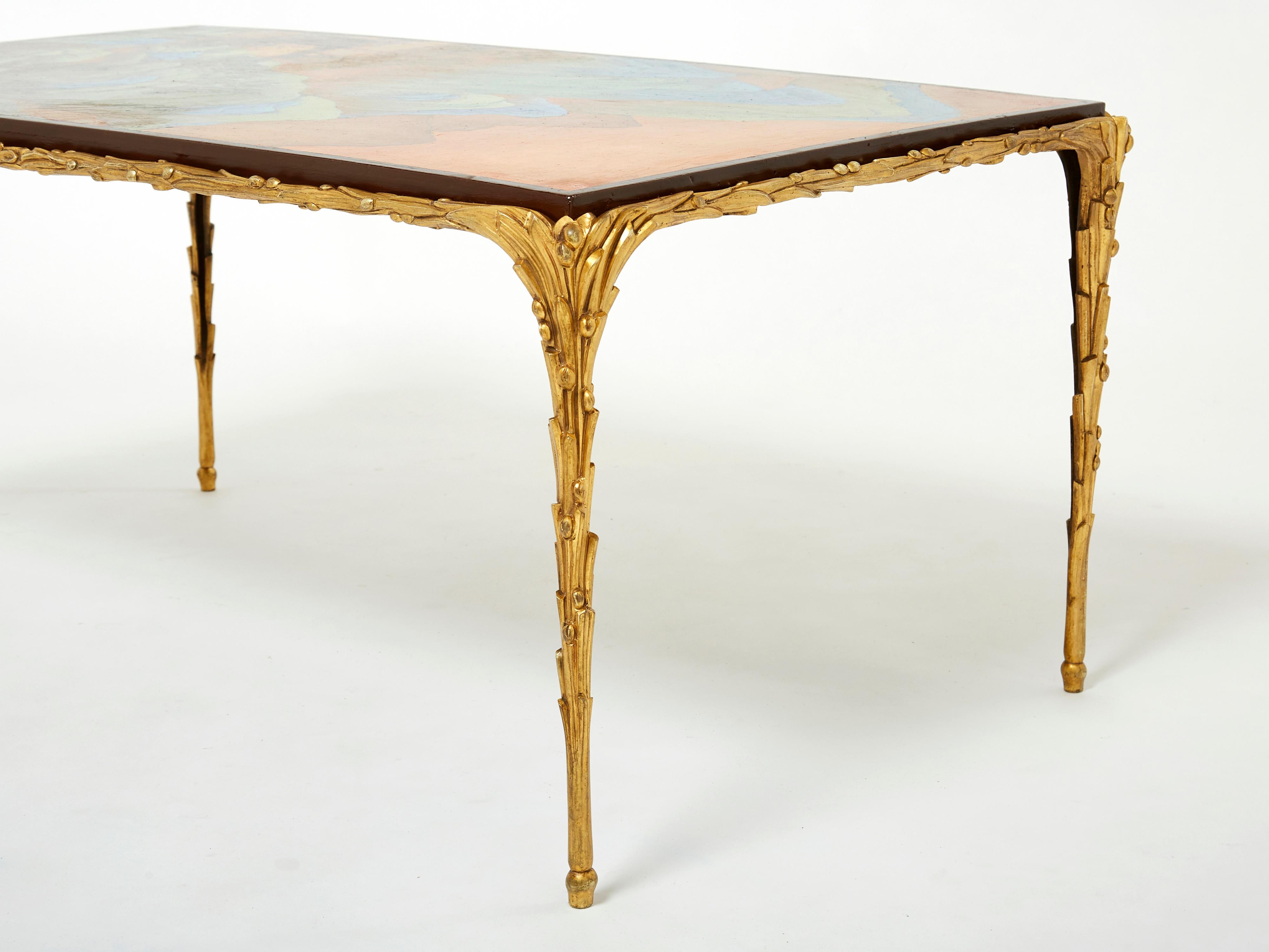 Maison Baguès foliage Bronze Chinese Lacquered Coffee Table 1960s For Sale 1