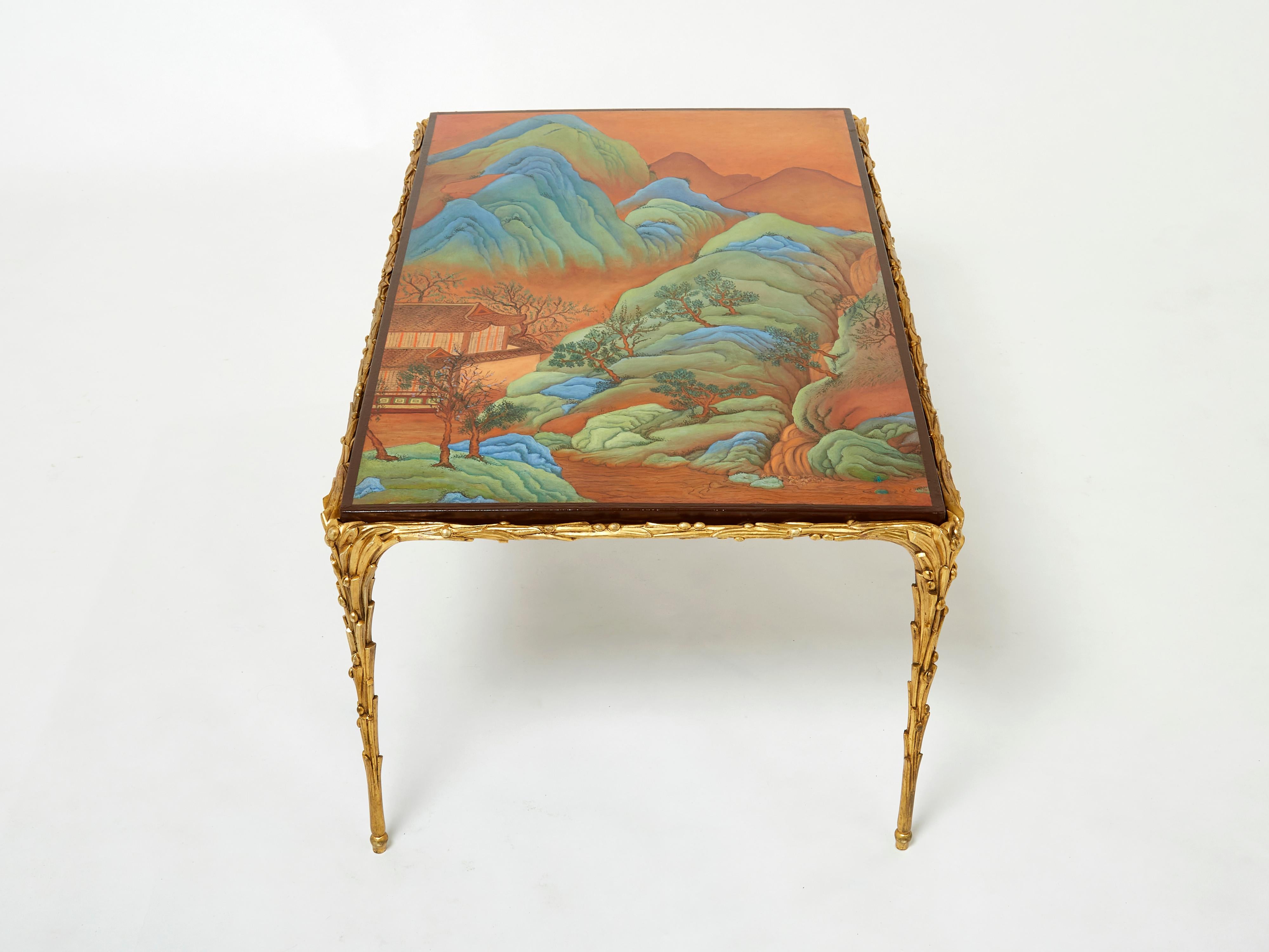Maison Baguès foliage Bronze Chinese Lacquered Coffee Table 1960s For Sale 2
