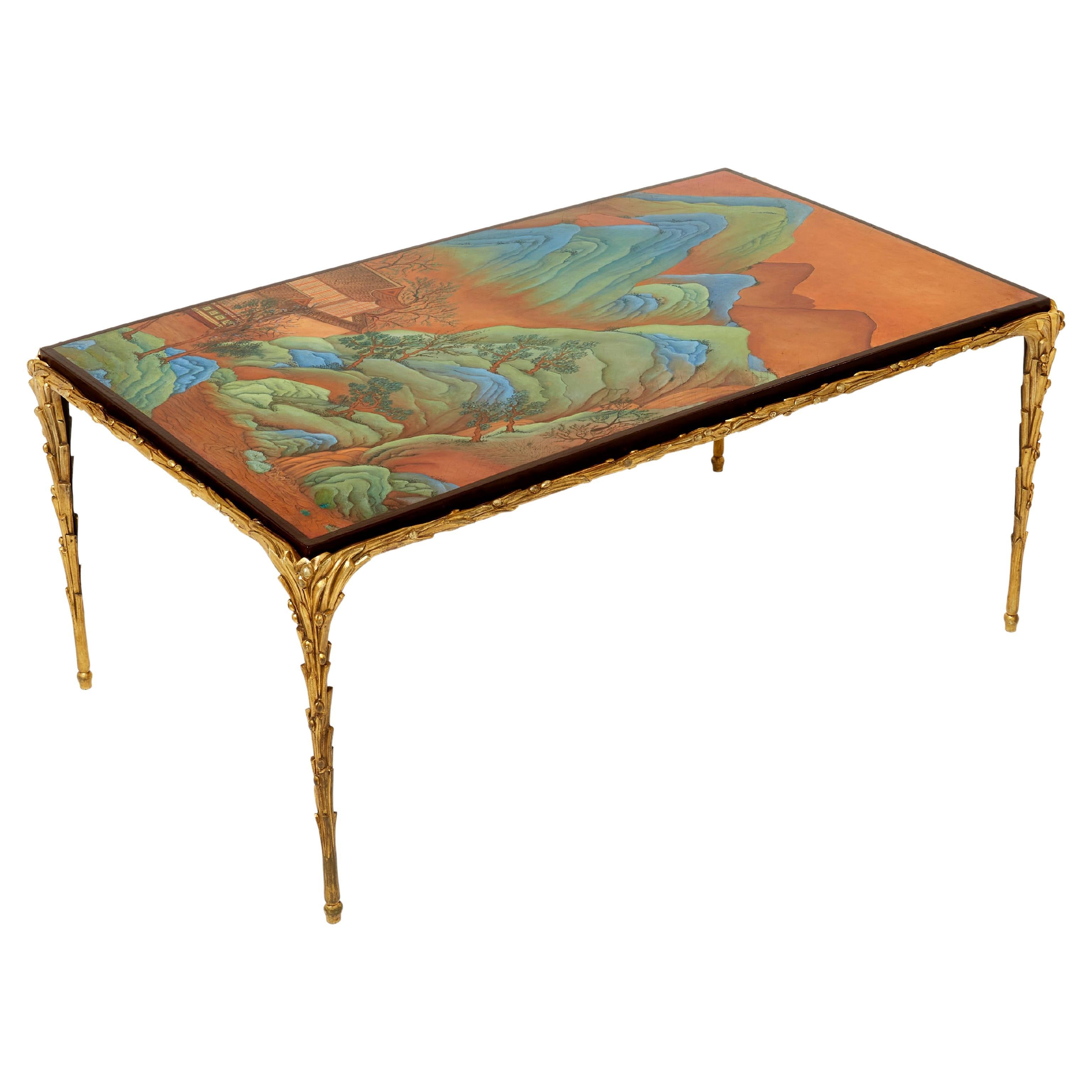 Maison Baguès foliage Bronze Chinese Lacquered Coffee Table 1960s For Sale