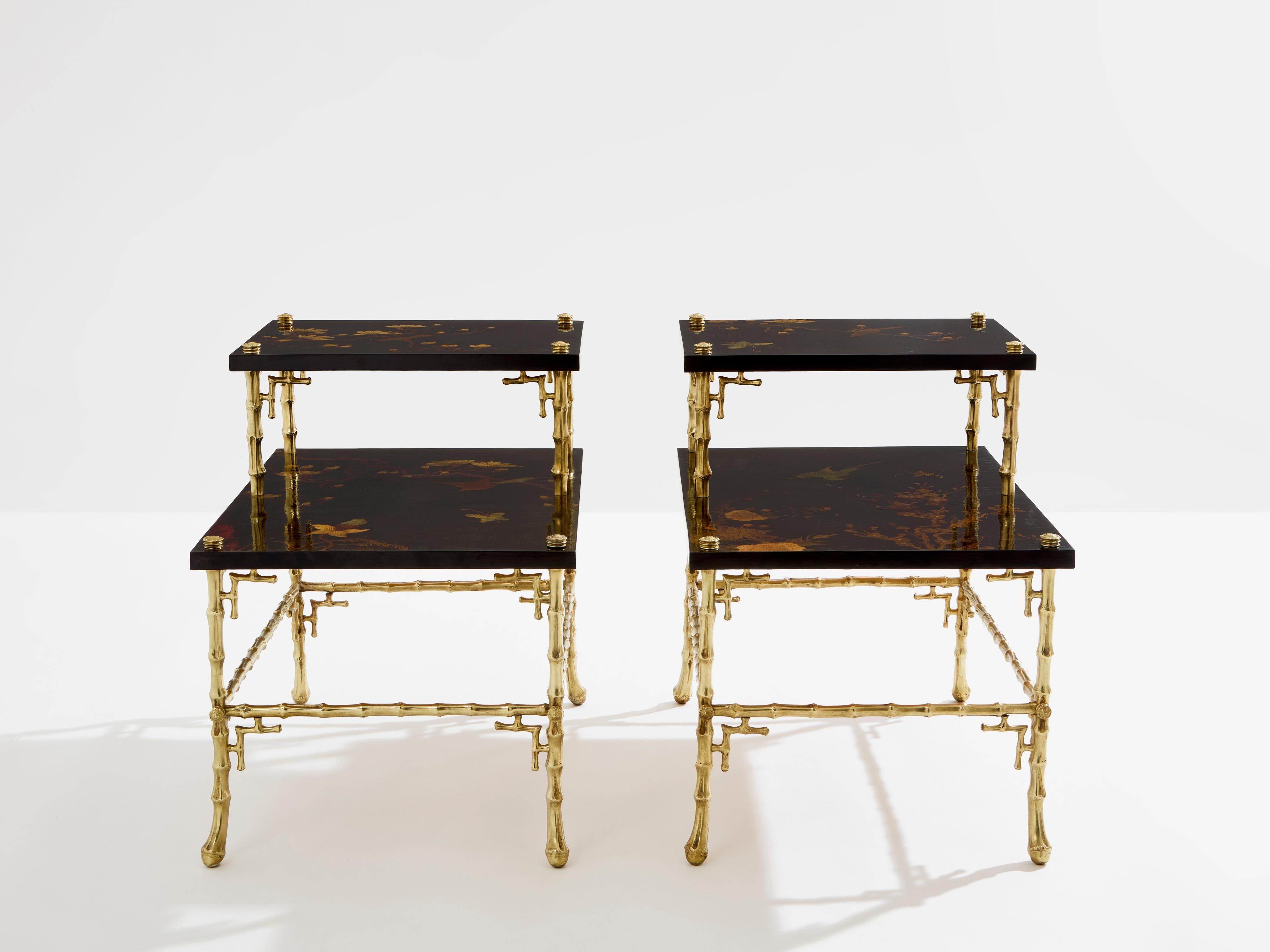 Maison Baguès tables d'appoint en bambou bronze laqué chinoiserie années 1940 en vente 5