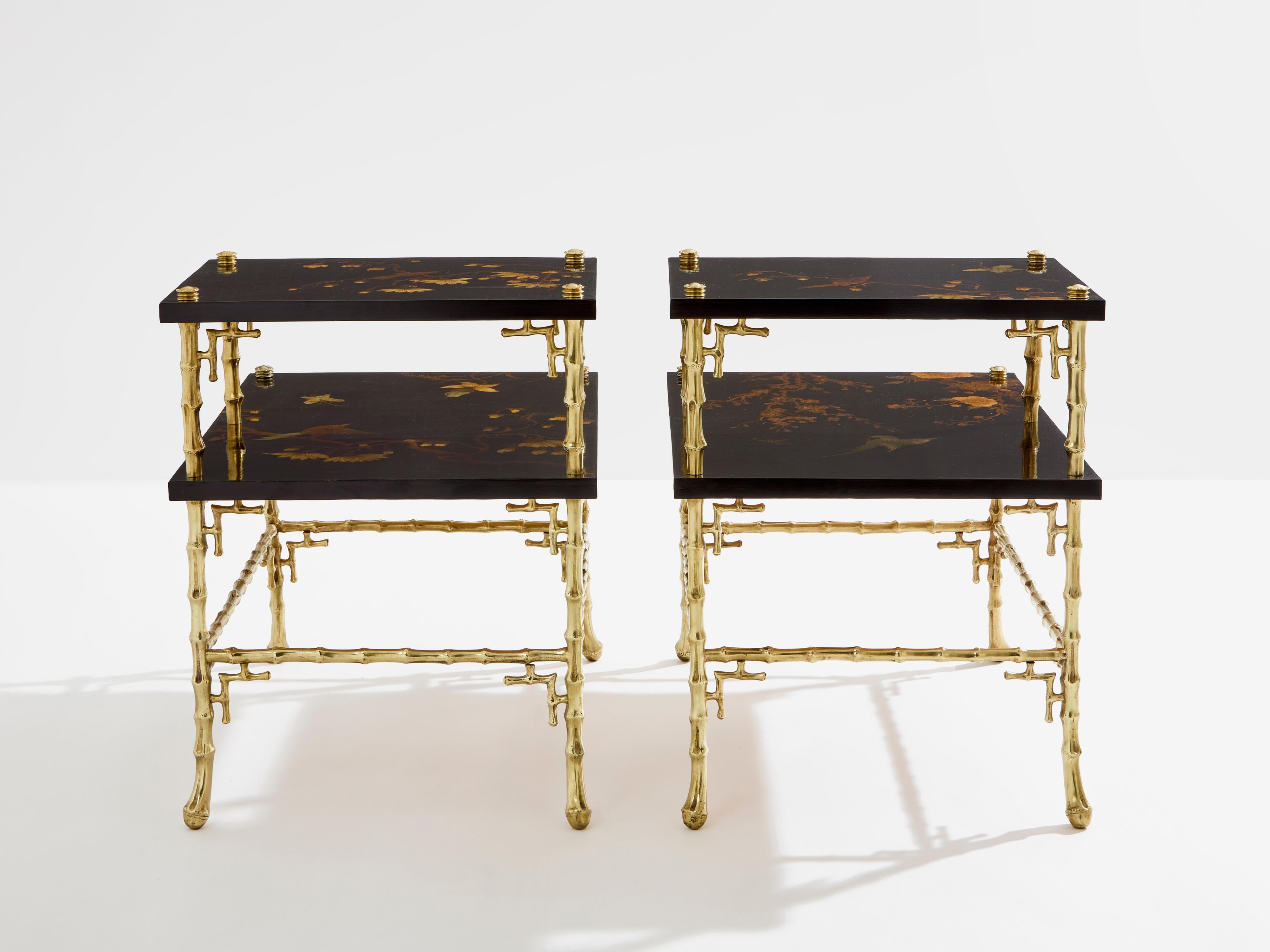 Maison Baguès tables d'appoint en bambou bronze laqué chinoiserie années 1940 en vente 6
