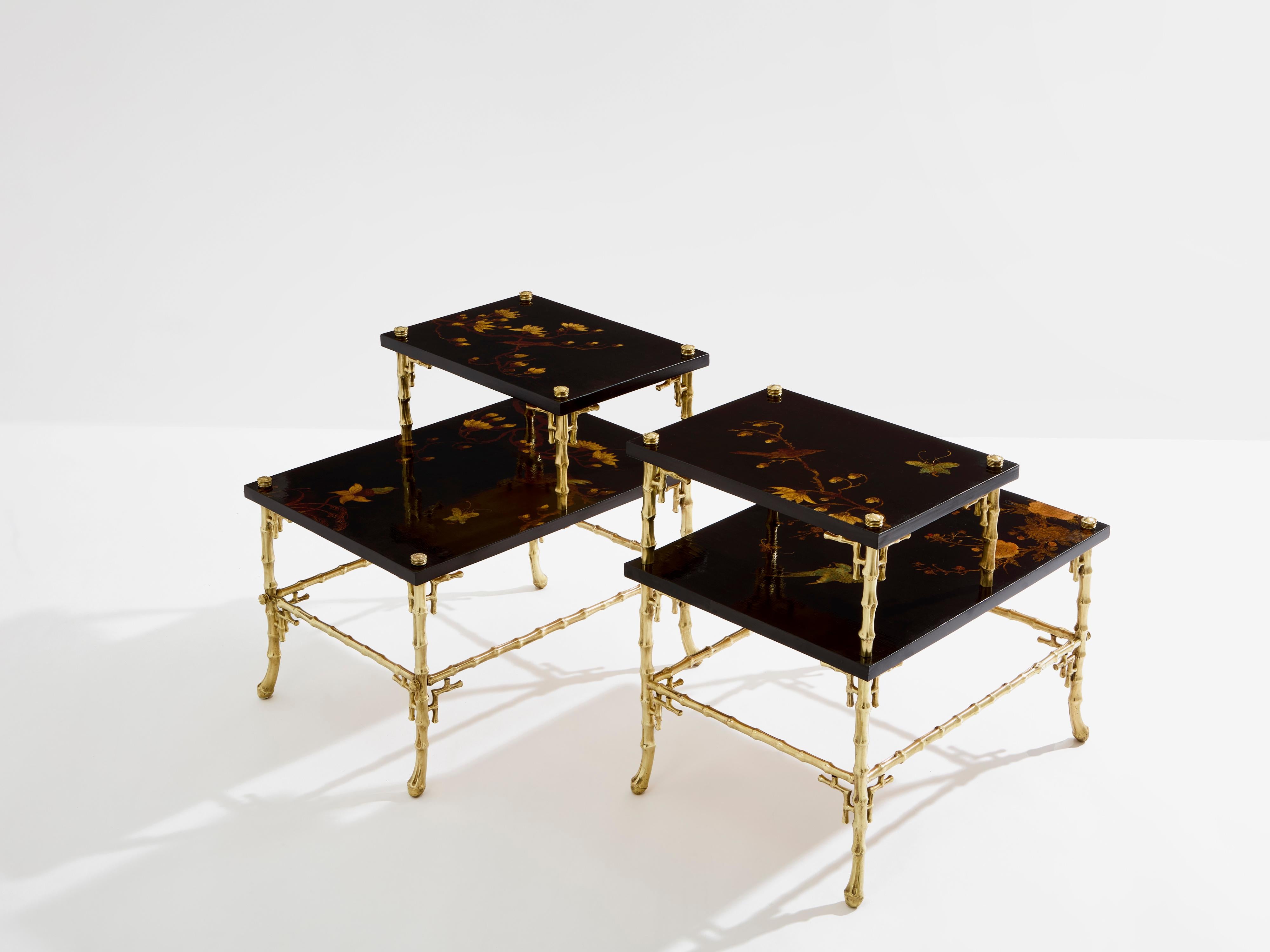 Néoclassique Maison Baguès tables d'appoint en bambou bronze laqué chinoiserie années 1940 en vente
