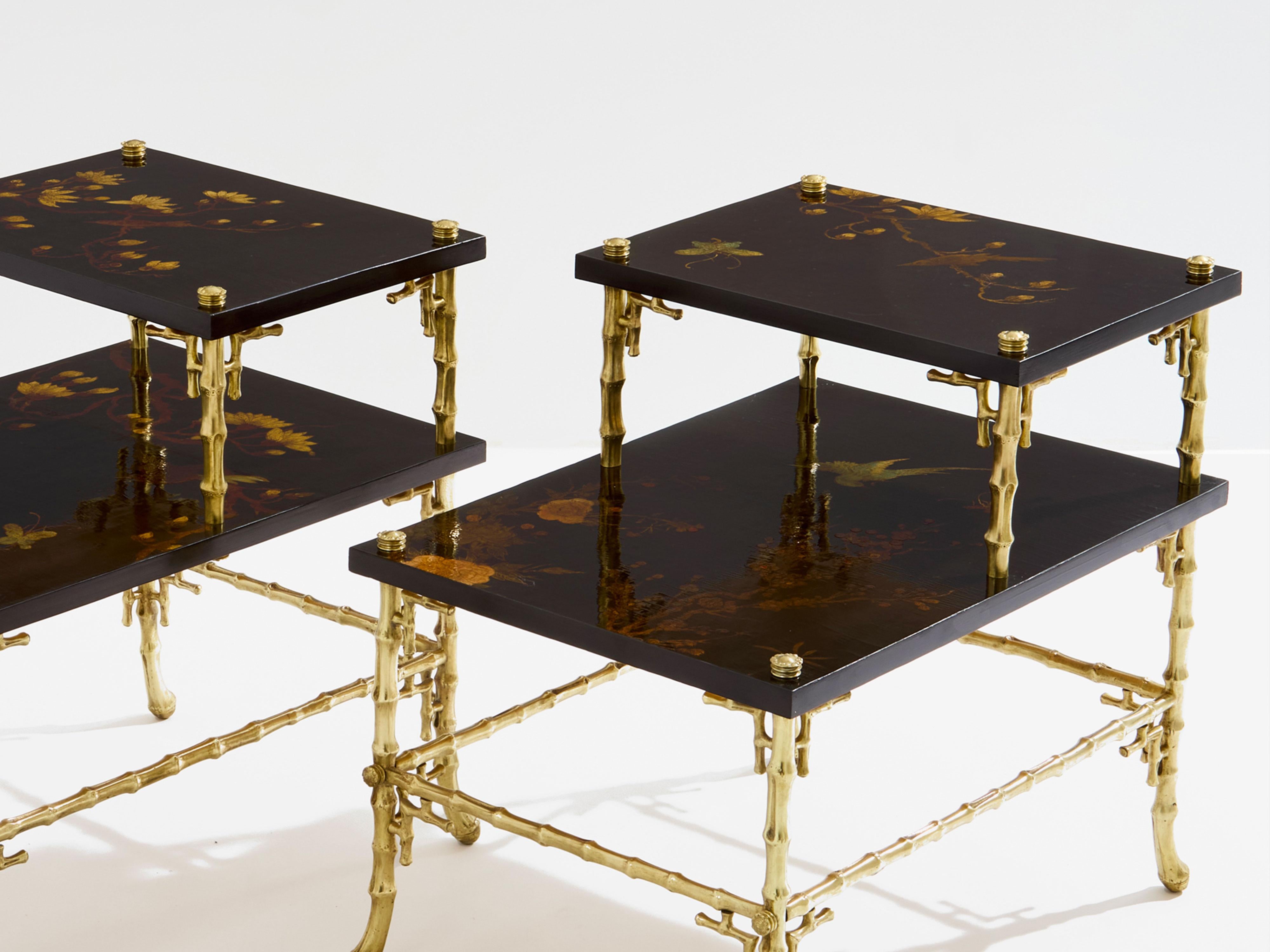 Français Maison Baguès tables d'appoint en bambou bronze laqué chinoiserie années 1940 en vente