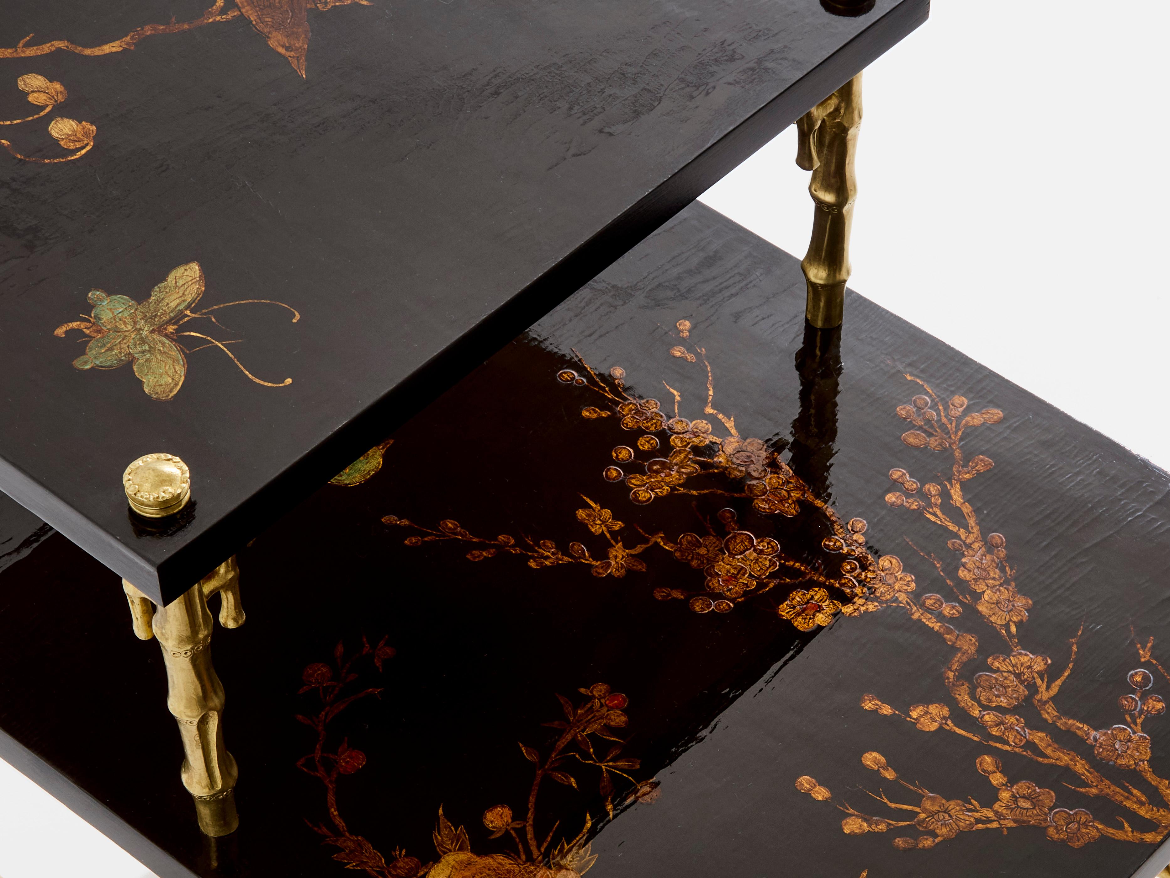 Maison Baguès tables d'appoint en bambou bronze laqué chinoiserie années 1940 Bon état - En vente à Paris, IDF