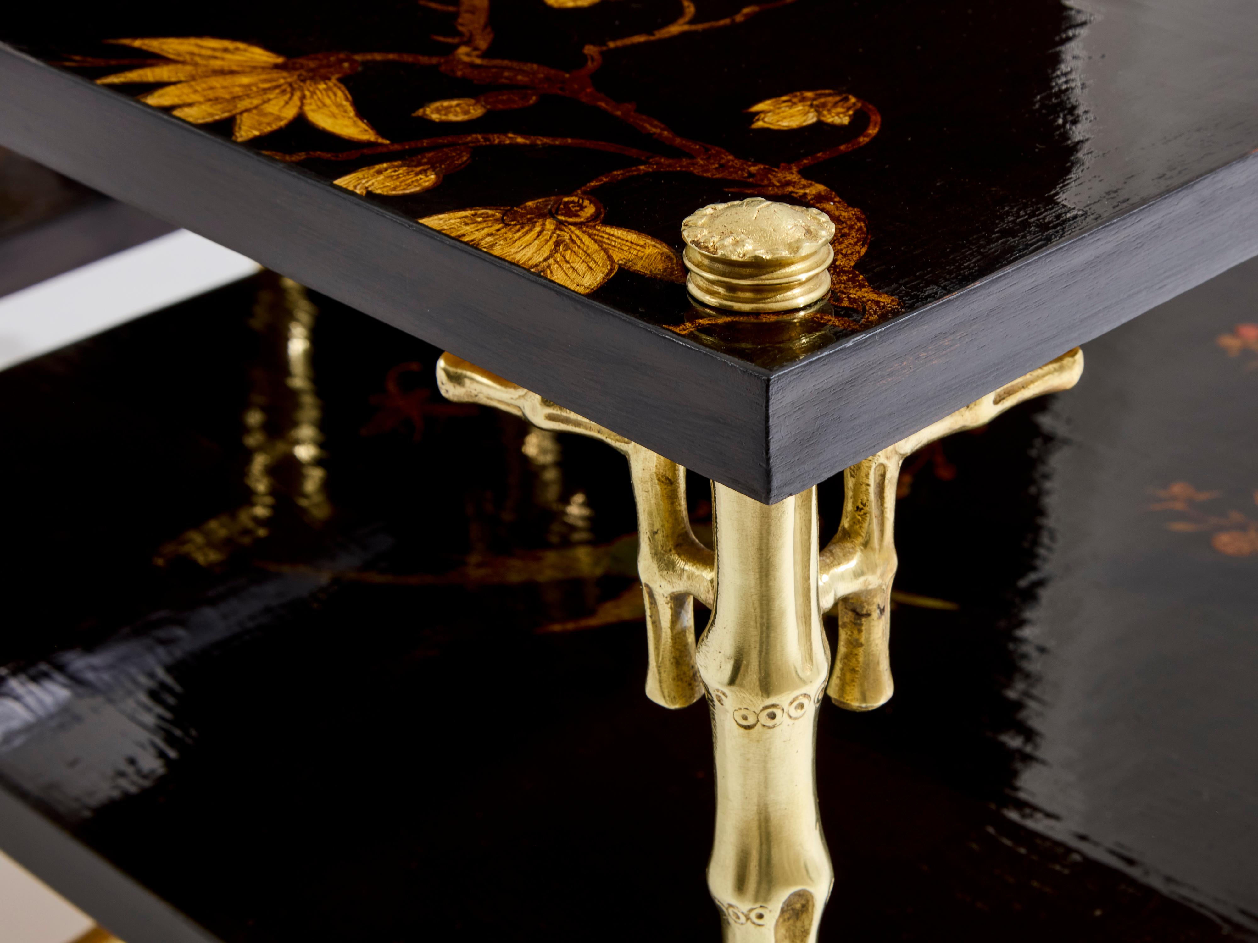 Milieu du XXe siècle Maison Baguès tables d'appoint en bambou bronze laqué chinoiserie années 1940 en vente