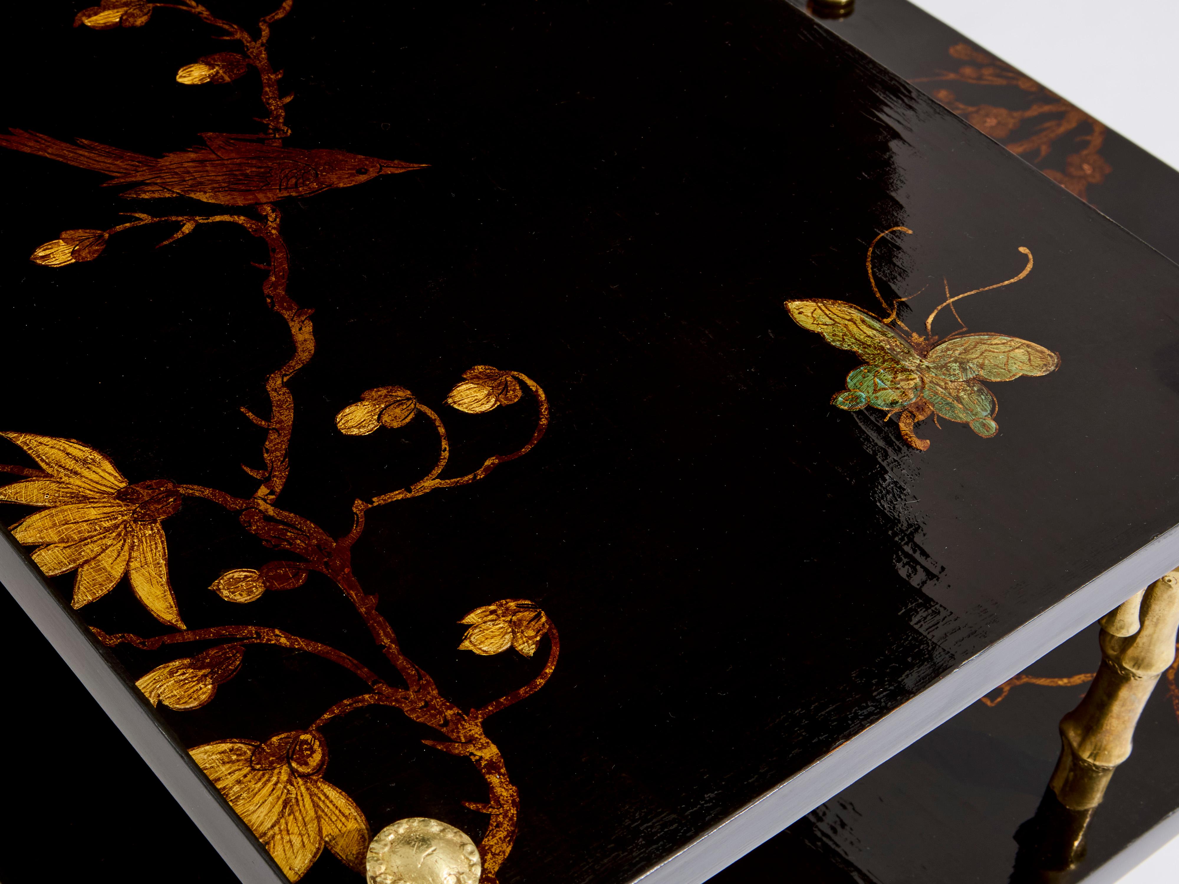 Maison Baguès tables d'appoint en bambou bronze laqué chinoiserie années 1940 en vente 2